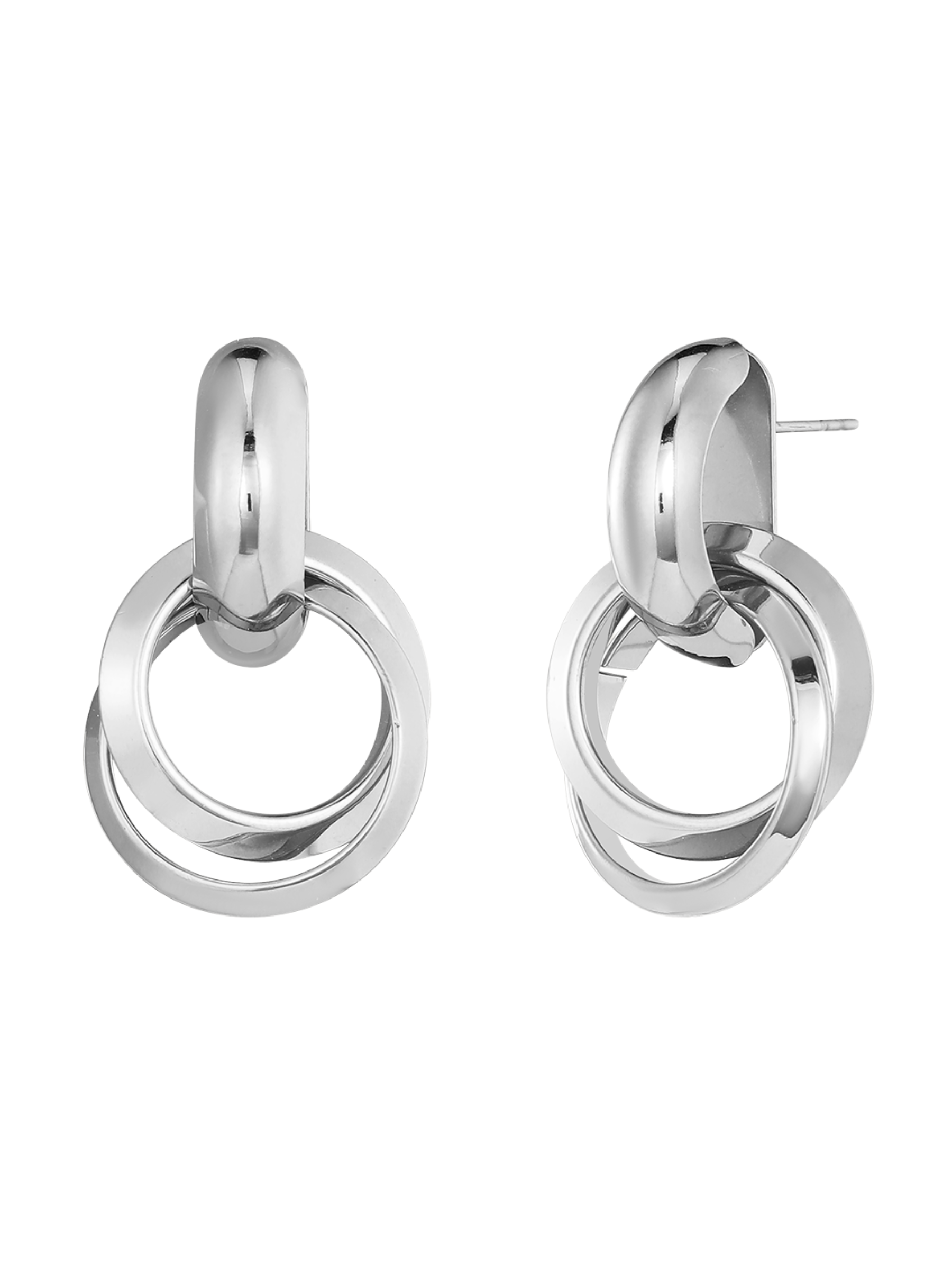 D&X DE1246S White Gold Three Ring Post Earrings – modern white gold-plated stainless steel earrings with three interlinked ring design, elegant and contemporary jewellery.