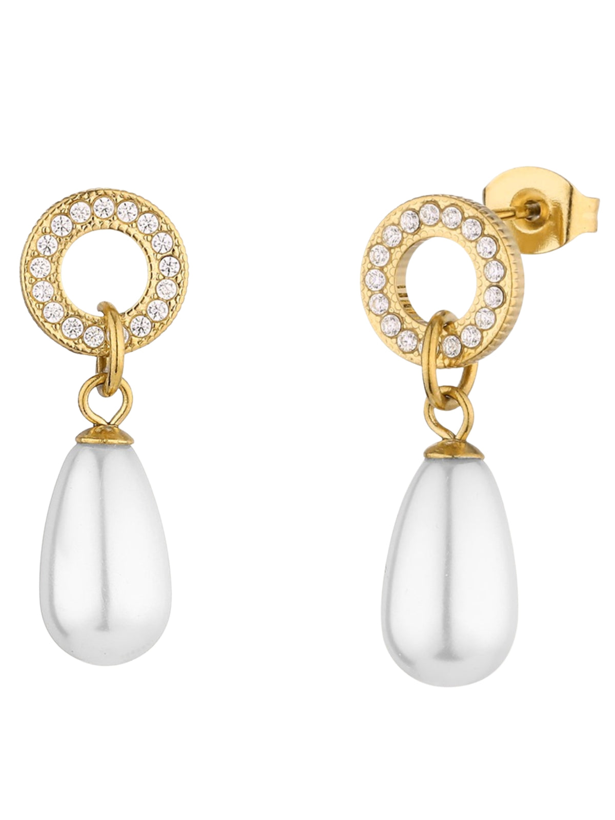 D&X DE1271K Drop Pearl Studded Earrings with circular crystal-style stud detail and a teardrop pearl-look pendant.
