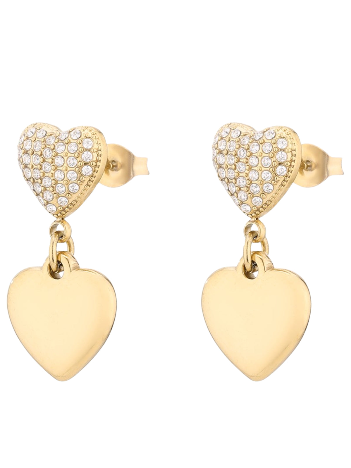 D&X DE1292K Double Heart Drop Earrings with a sparkling heart stud and smooth hanging heart charm.