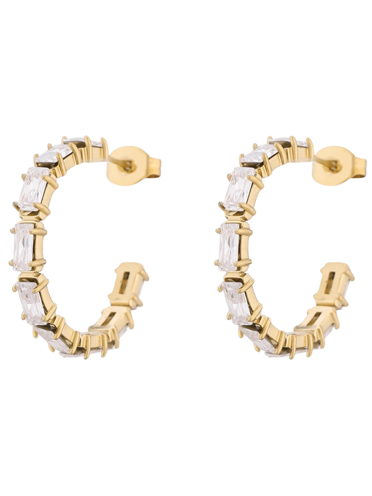 D&X DE1295K Crystal Baguette Hoop Earrings with a curved hoop design and rectangular crystal baguette detailing.