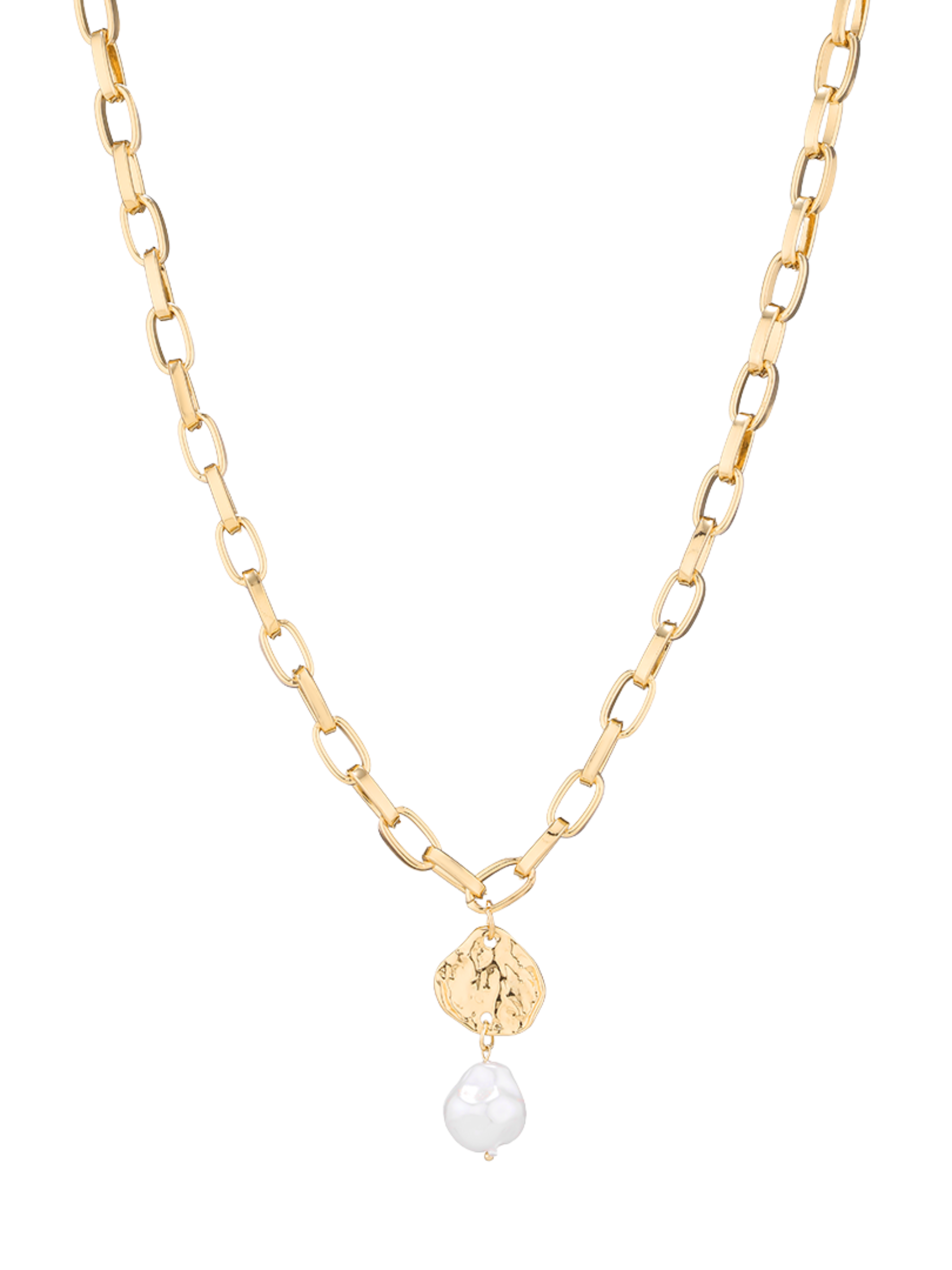 D&X DN2811K Gold Tone Pearl Disc Pendant Clasp Necklace – gold-tone plated alloy necklace with textured disc and pearl pendant, modern clasp fastening, elegant jewellery.