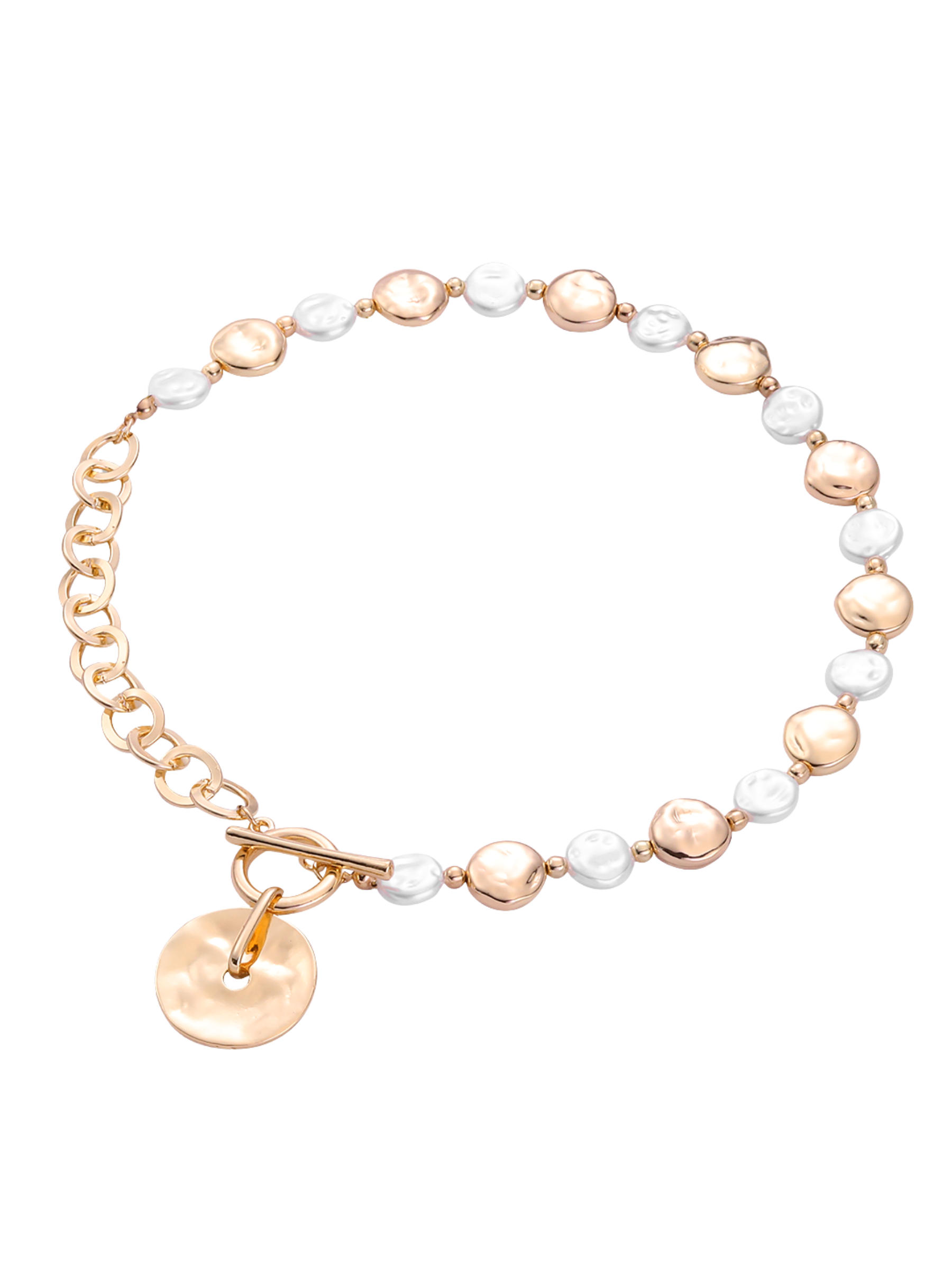D&X DN2812K Gold Tone T-Bar Pearl and Disc Necklace – chic gold-tone plated alloy necklace with faux pearls, polished disc charm and T-bar fastening for modern elegance.