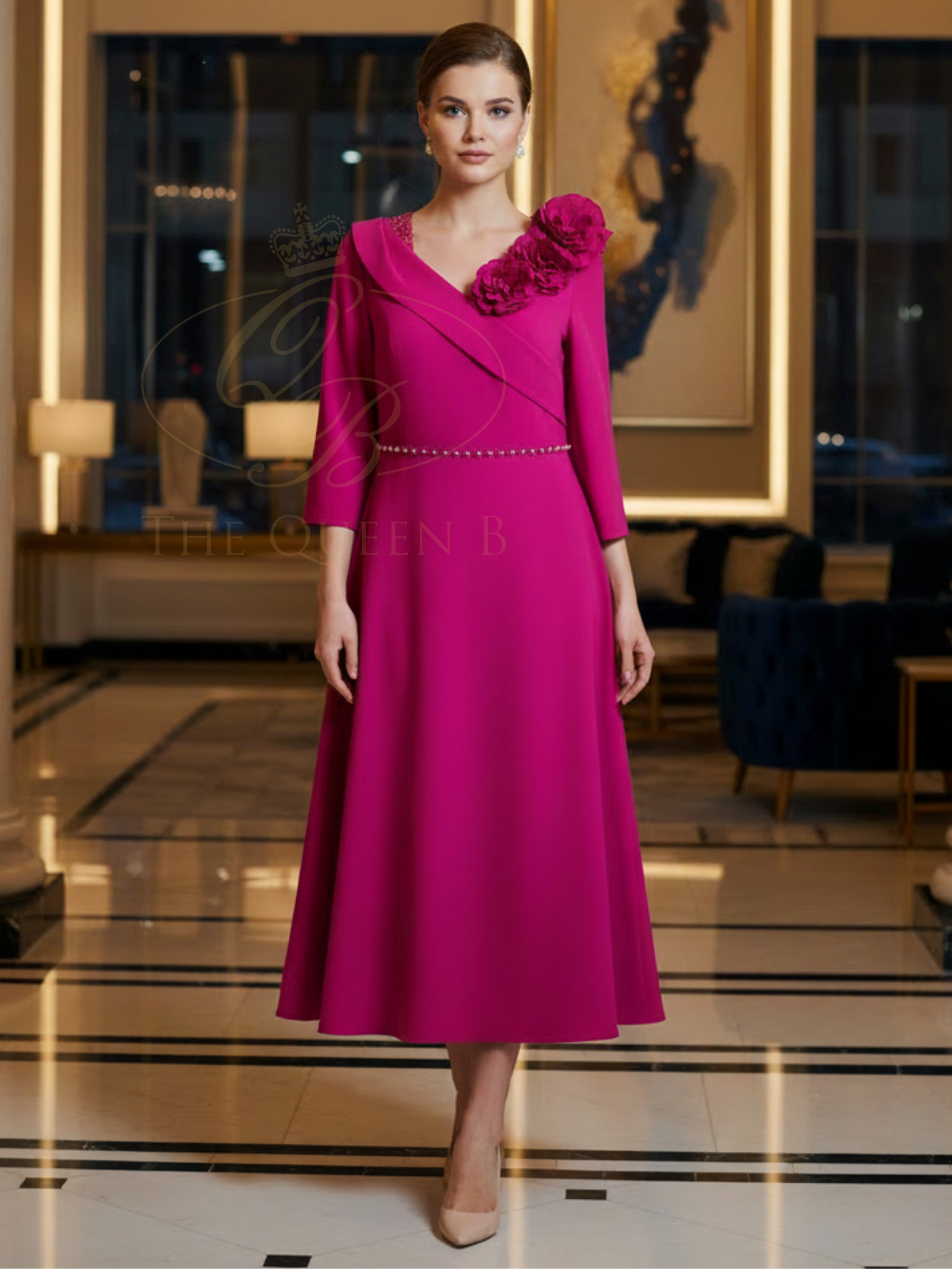 Dressed Up DU696G Hot Pink Dress with floral appliqué neckline, beaded waist trim and flowing A-line skirt.