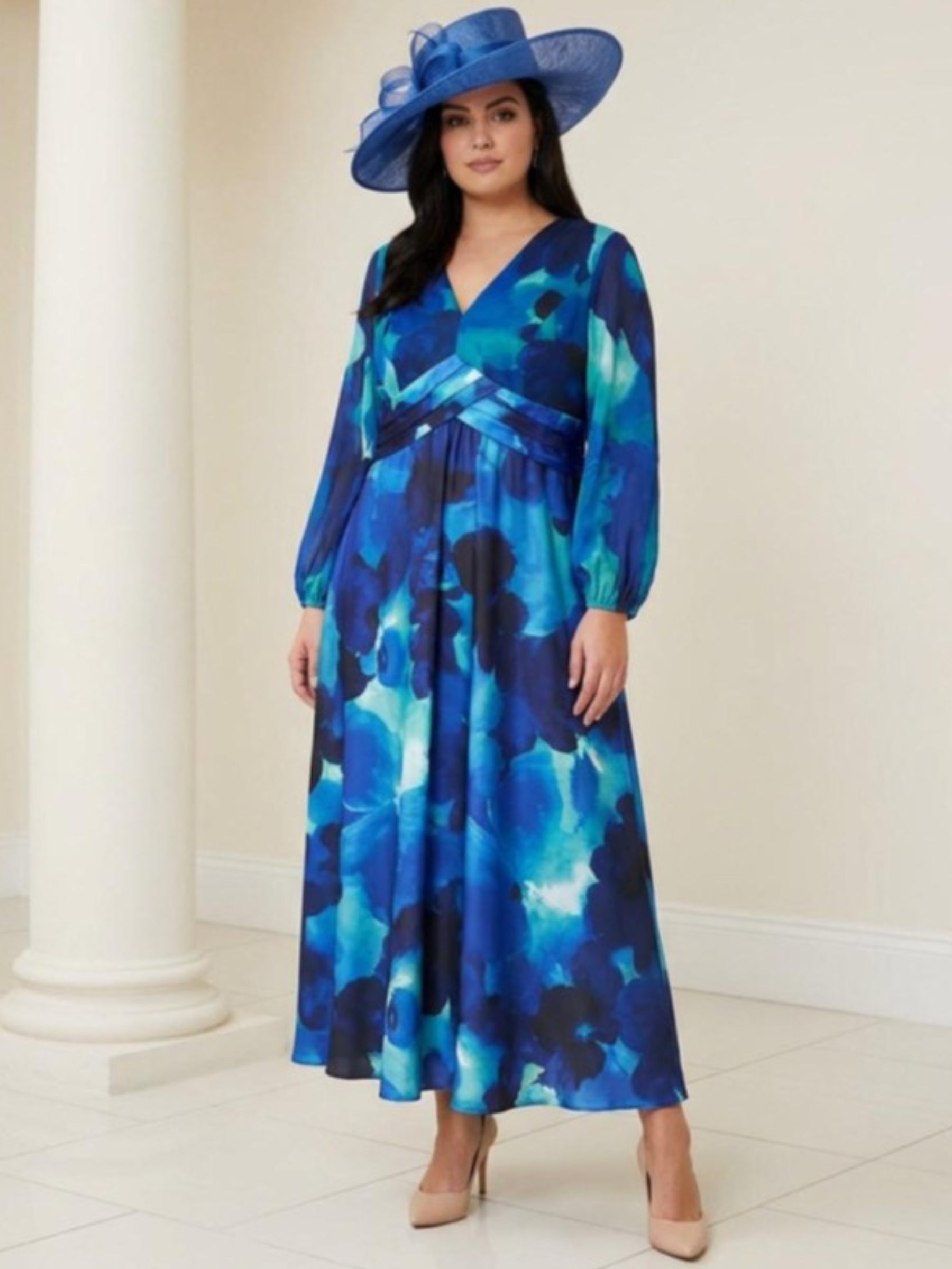 Dressed Up DU717K Blue Turquoise Dress with V-neckline, empire waist, long sheer sleeves and flowing maxi skirt