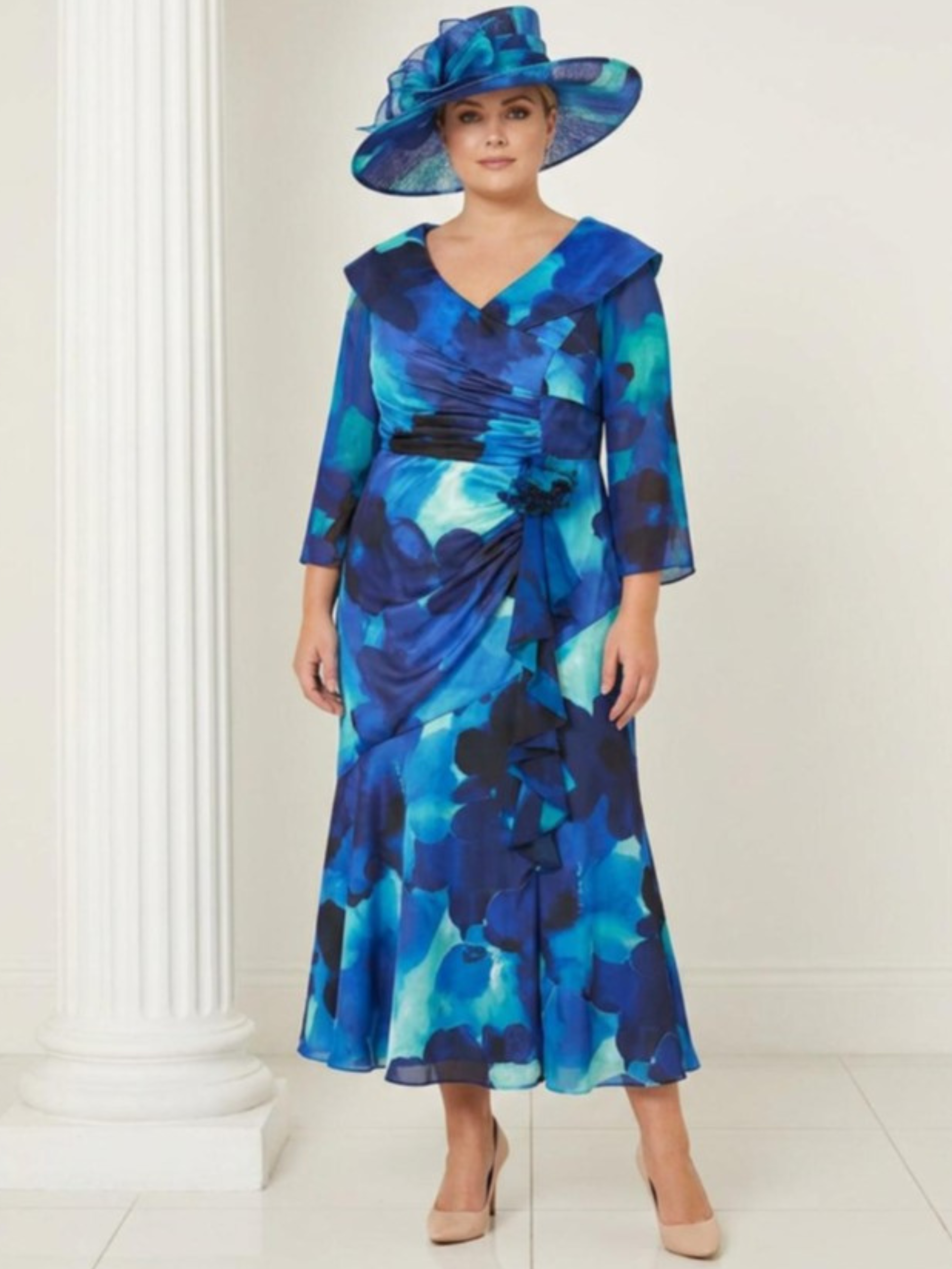 Dressed Up DU719K Blue Turquoise Dress with V-neckline, ruffle front, sheer sleeves and fluted hem