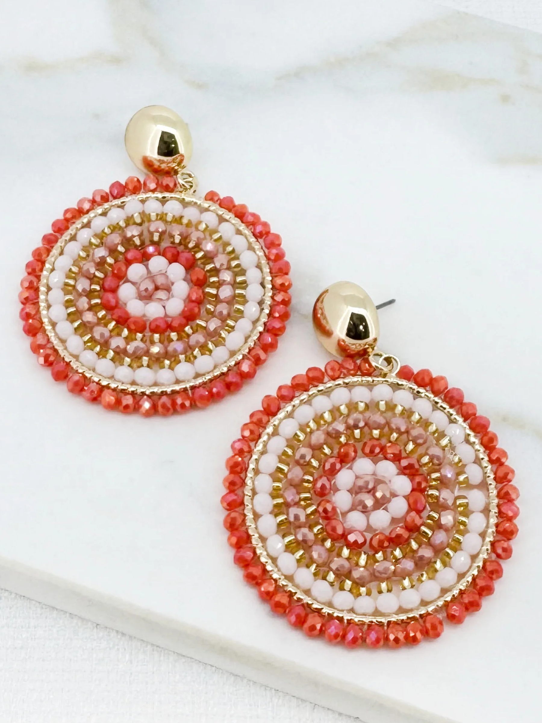 Envy 4732 Round Faceted Beaded Earrings with circular drop design and intricate layered bead detailing.