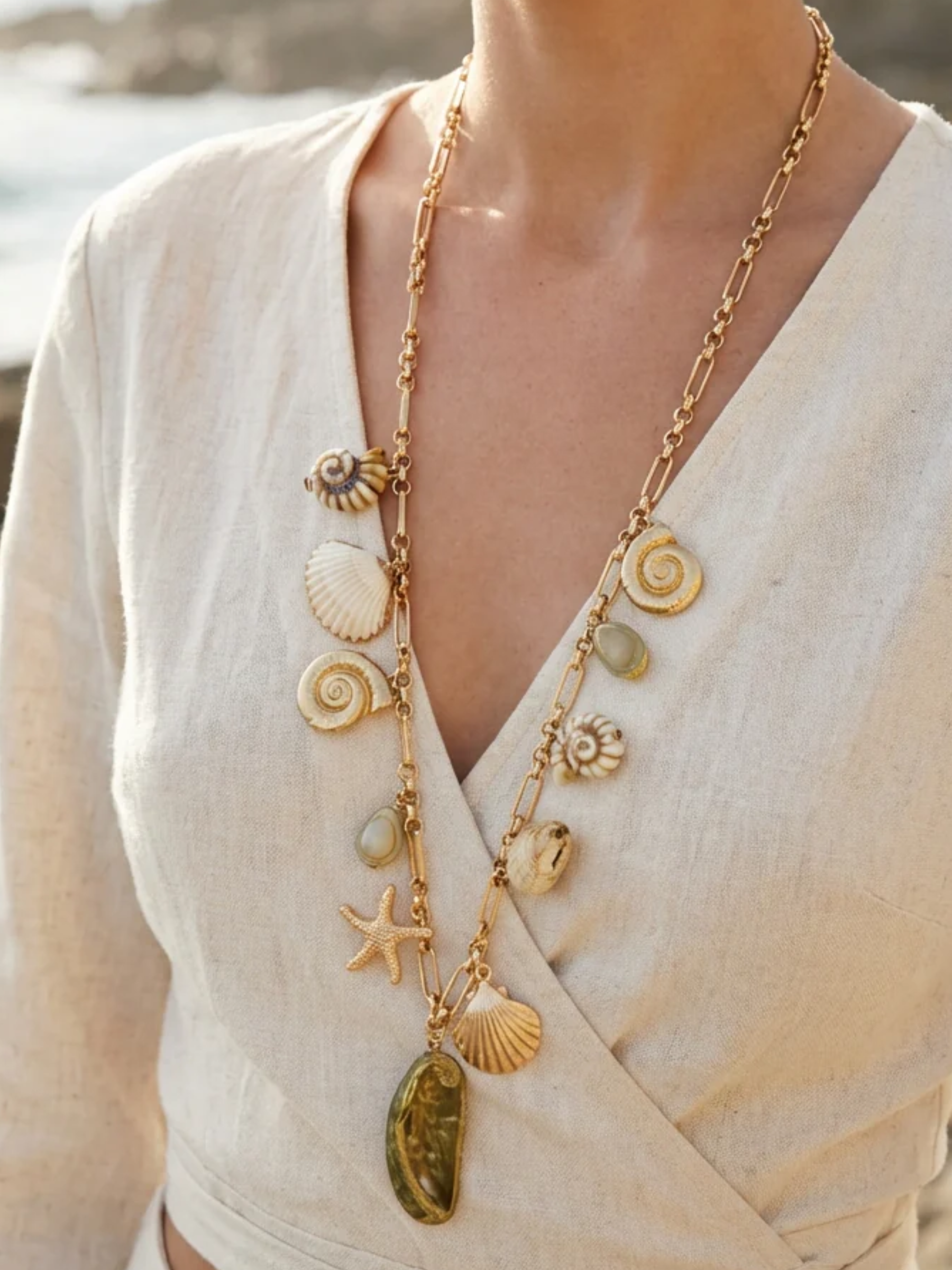 Envy 4809 Shell Charm Long Necklace with mixed shell charms and gold-tone chain.