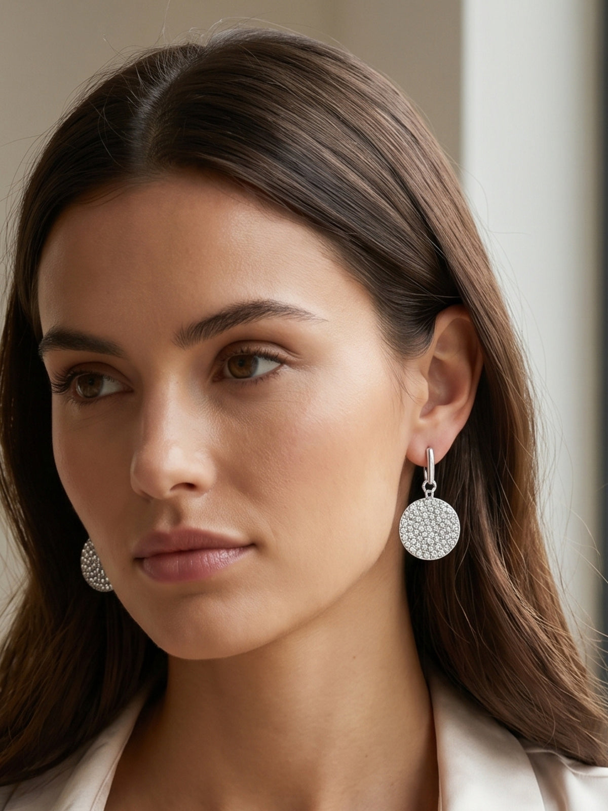 Envy 512 Diamante Circle Dropper Earrings with hoop-style tops and sparkling circular diamante drops.