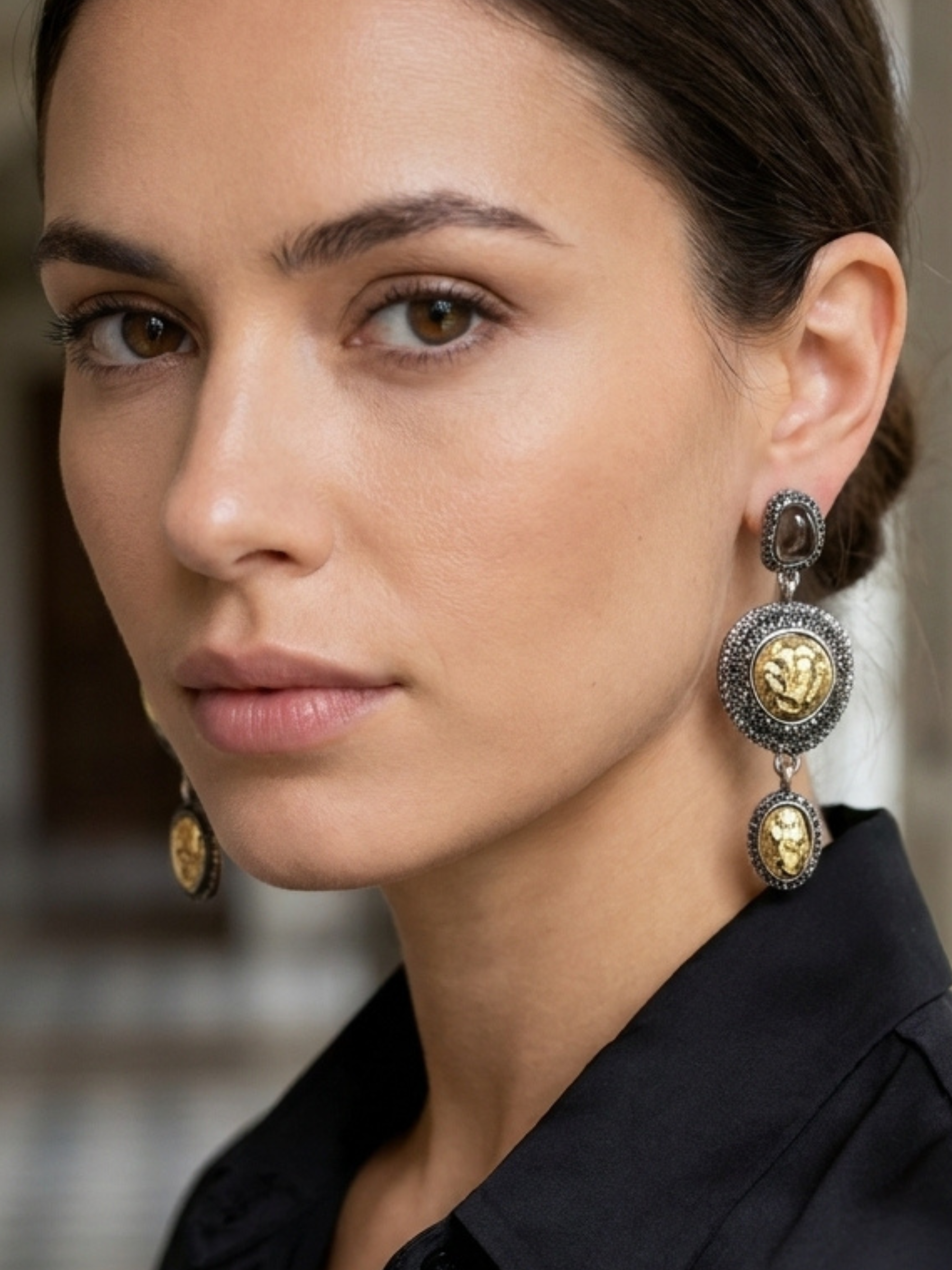 Envy 571 Triple Tiered Earrings with rounded stud top, tiered drop design and embellished edging