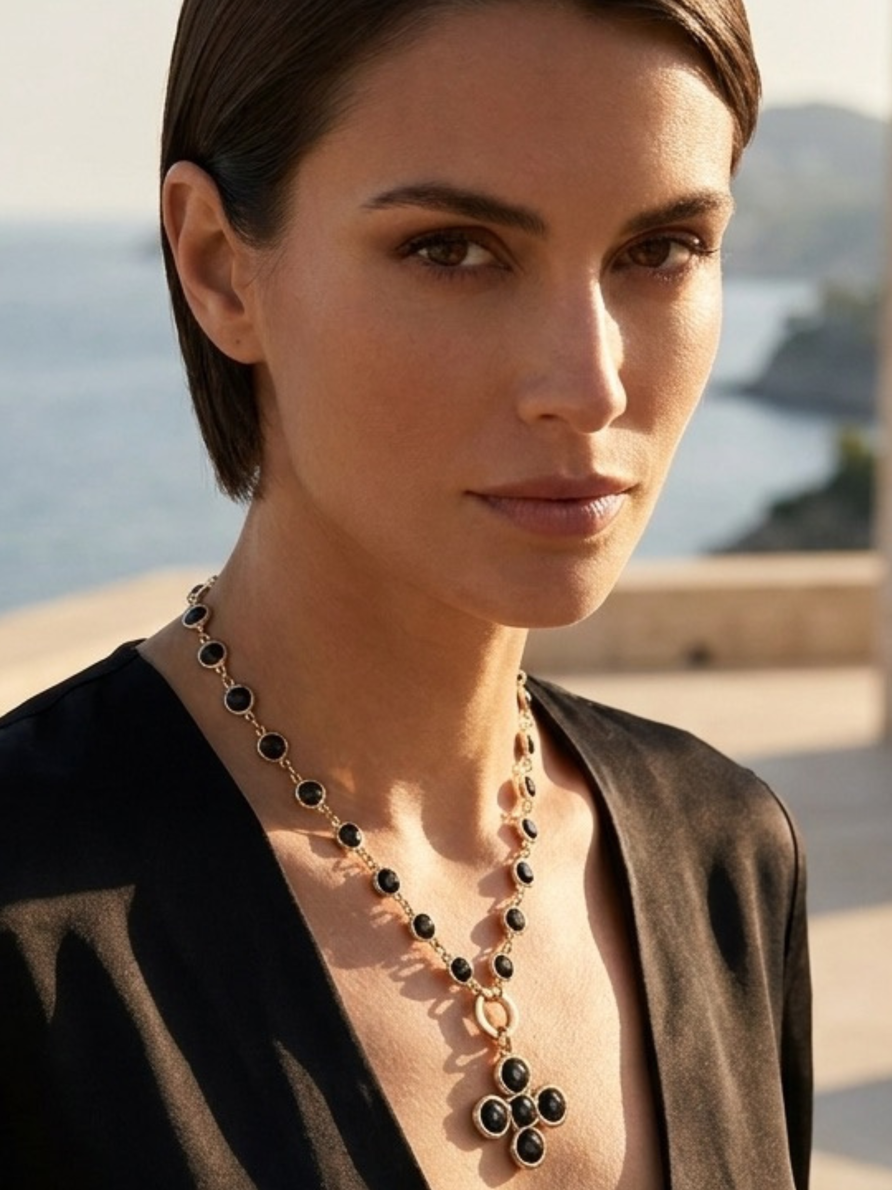 Envy 620 Stone & Clover Necklace with faceted stone detailing, long chain design and clover-inspired pendant.