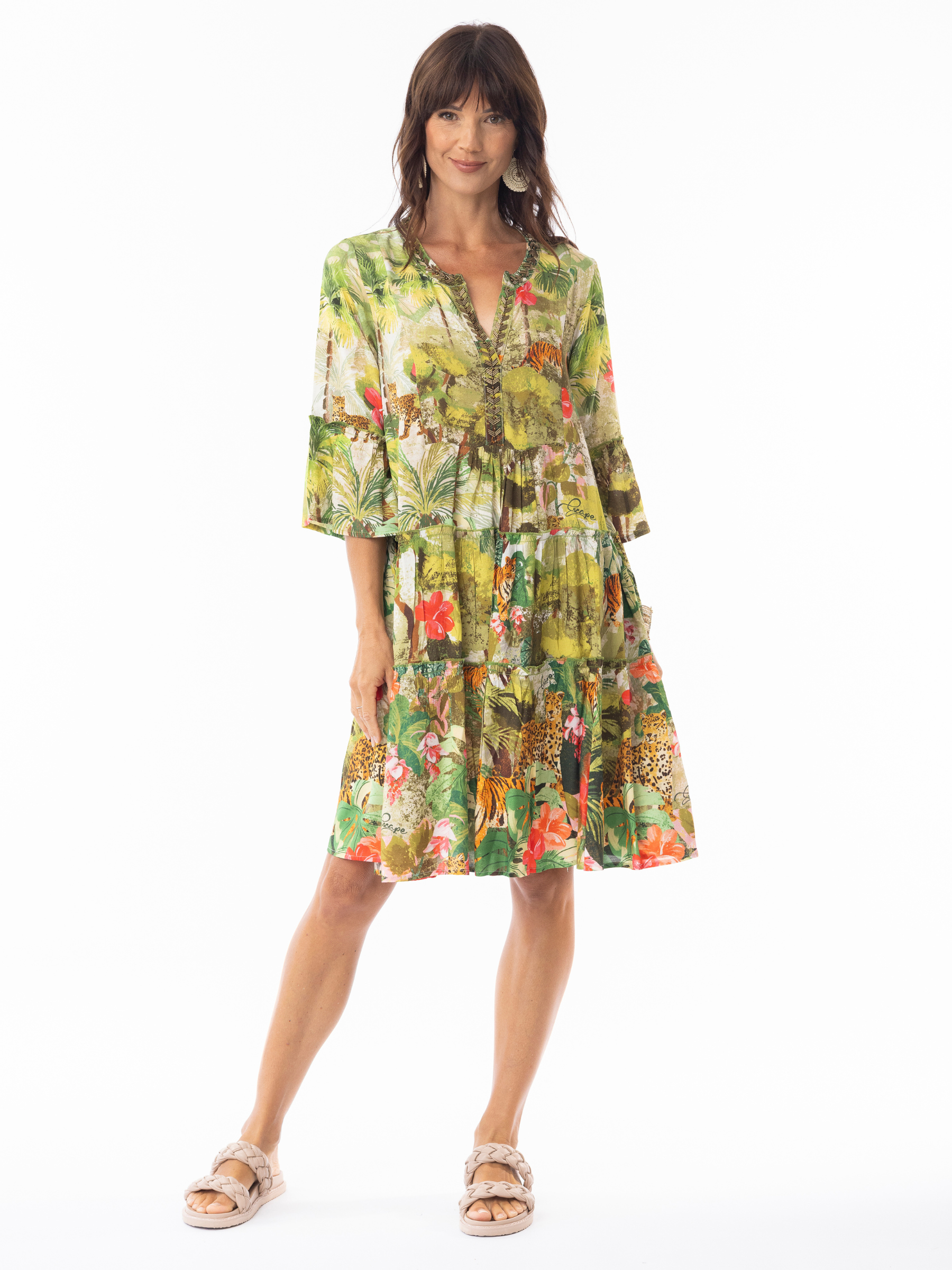 Escape 10051 Cecilia Dress with notch neckline, three-quarter sleeves and tiered A-line silhouette in vibrant jungle-inspired print.