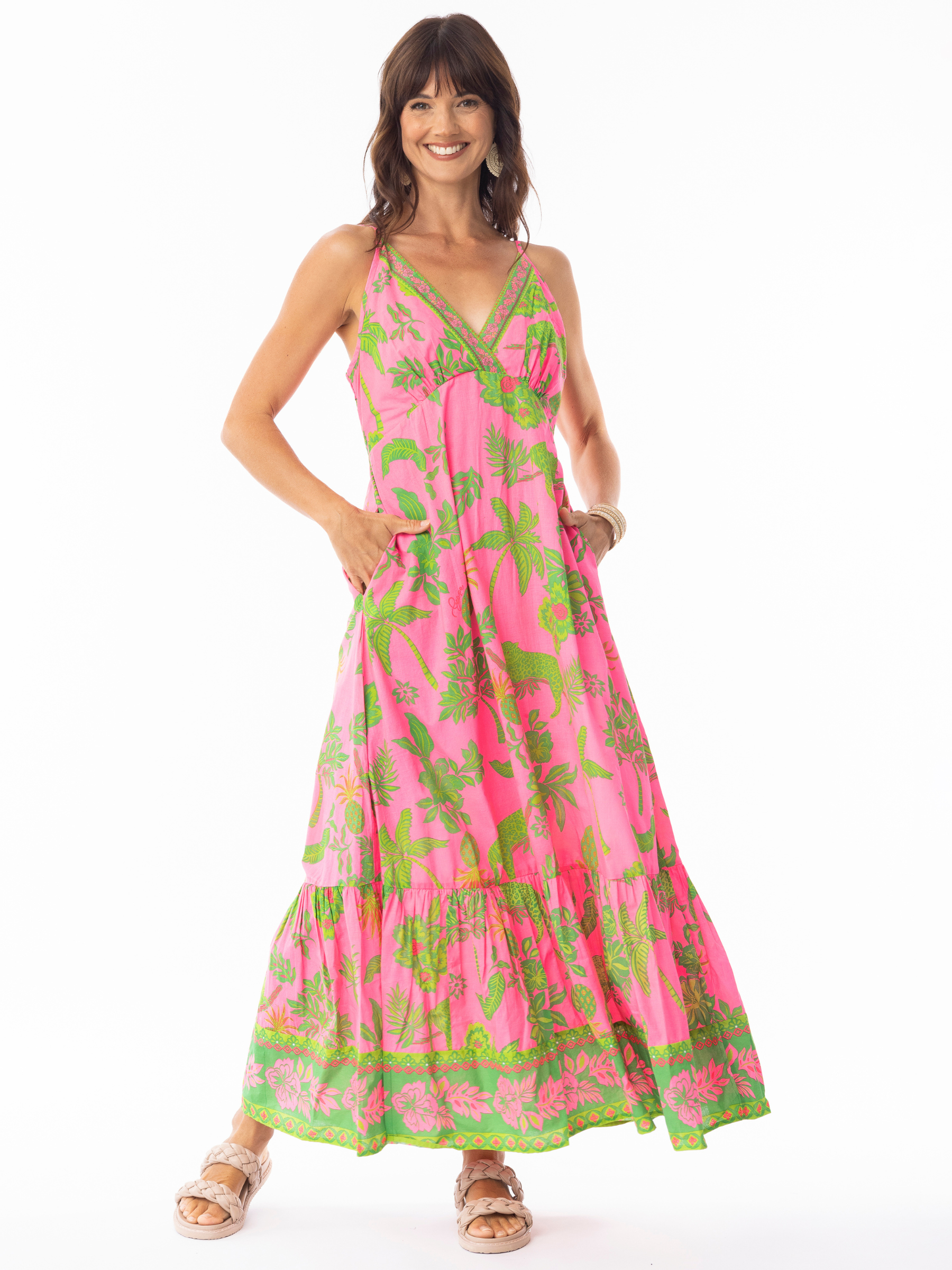 Escape 10052 Lidia Maxi Dress with V-neckline, sleeveless design and flowing A-line tiered maxi silhouette in printed design.