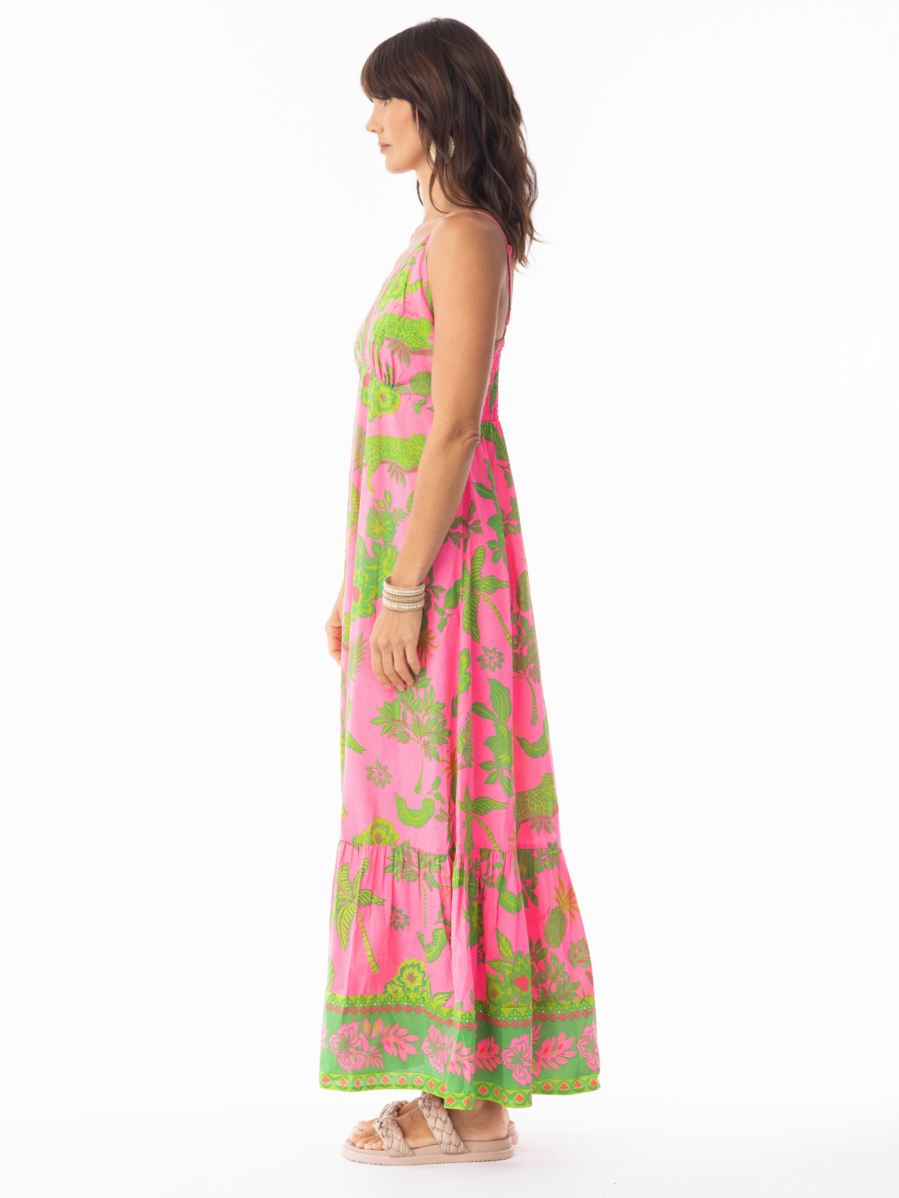 Escape 10052 Lidia Maxi Dress with V-neckline, sleeveless design and flowing A-line tiered maxi silhouette in printed design.