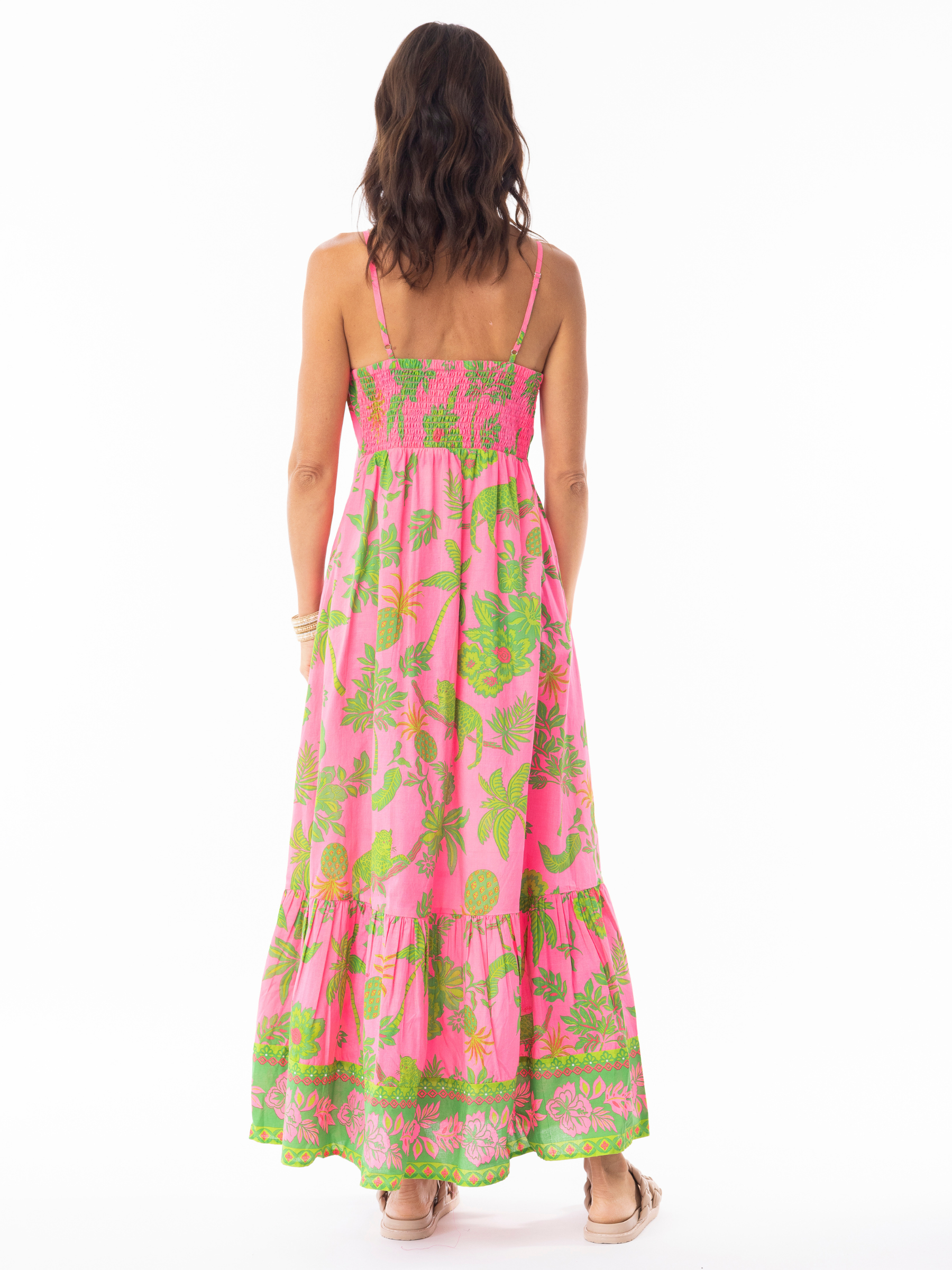 Escape 10052 Lidia Maxi Dress with V-neckline, sleeveless design and flowing A-line tiered maxi silhouette in printed design.