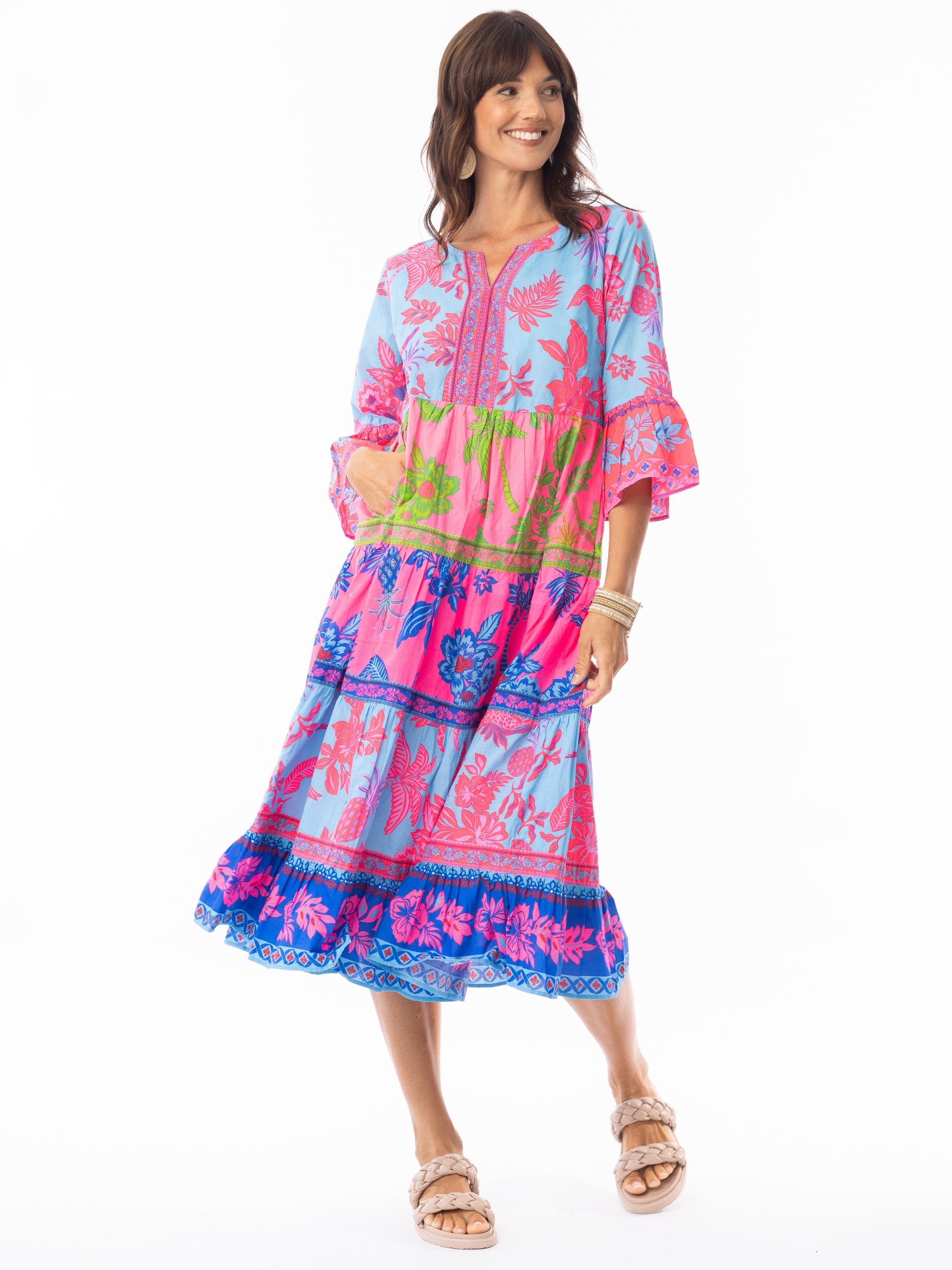 Escape 10054 Lidia Dress with notch V-neckline, three-quarter fluted sleeves and tiered A-line mid-calf silhouette in mixed print design.