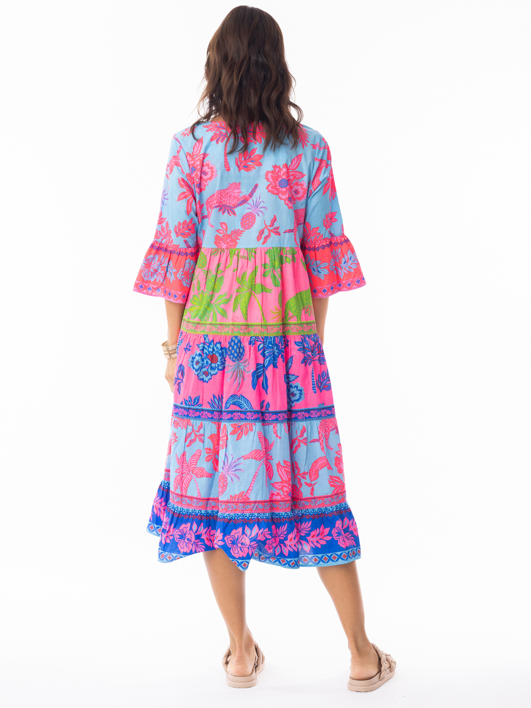 Escape 10054 Lidia Dress with notch V-neckline, three-quarter fluted sleeves and tiered A-line mid-calf silhouette in mixed print design.