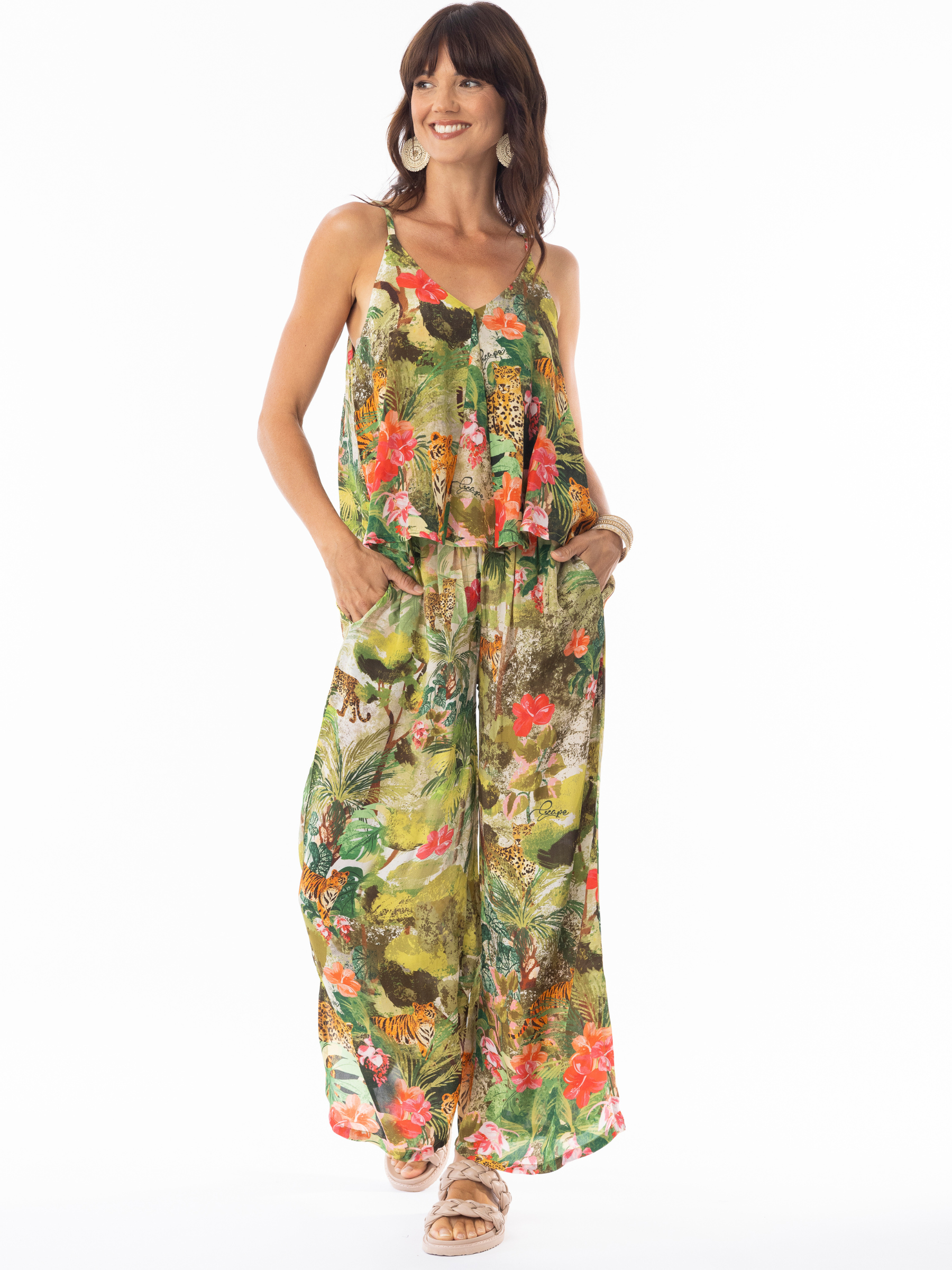 Escape 12261 Cecilia cami top with V-neckline and slim straps in vibrant jungle-inspired print.