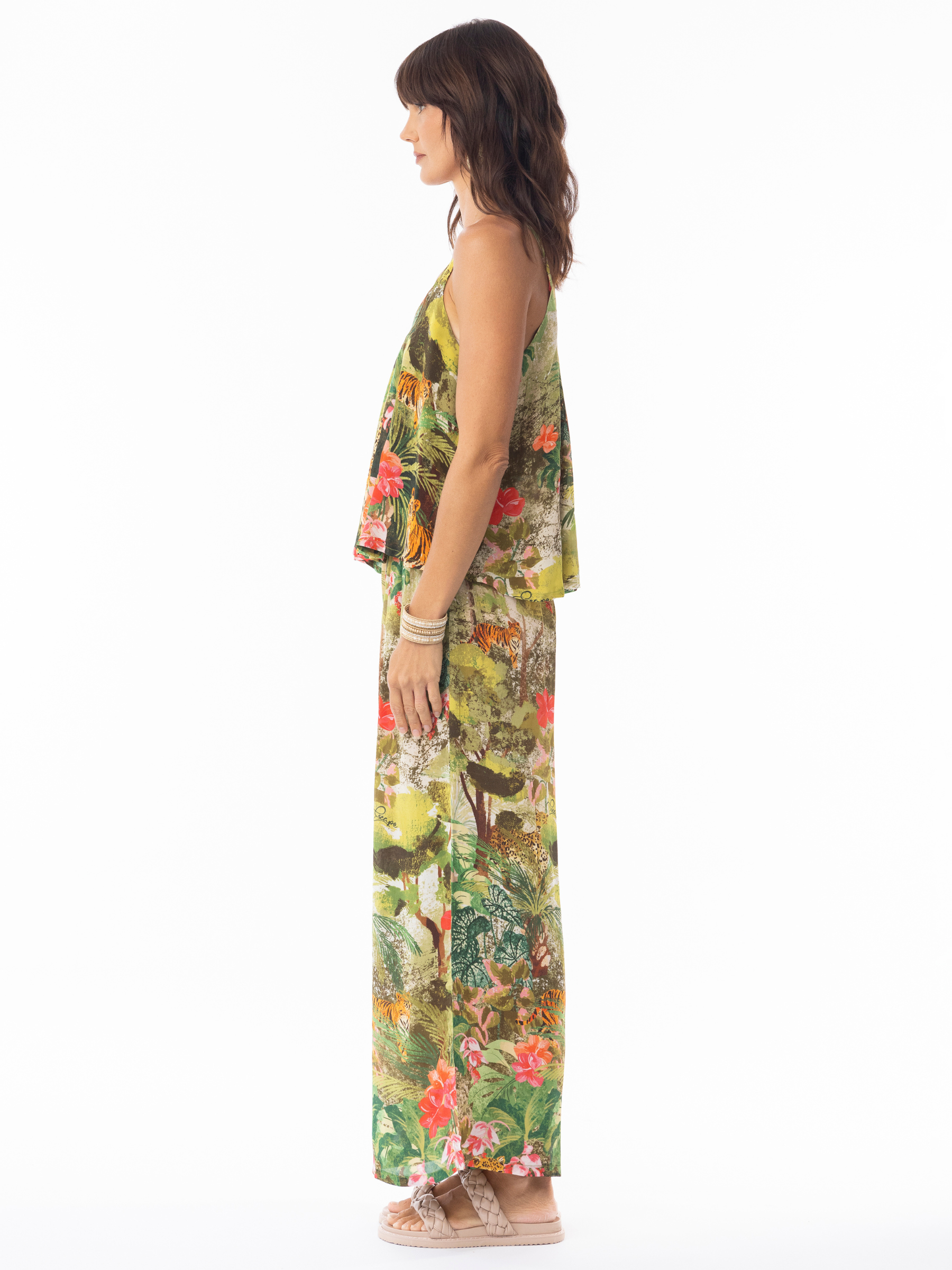 Escape 16003 Cecilia wide-leg trousers with elasticated waistband and vibrant jungle-inspired print, styled with matching cami top.