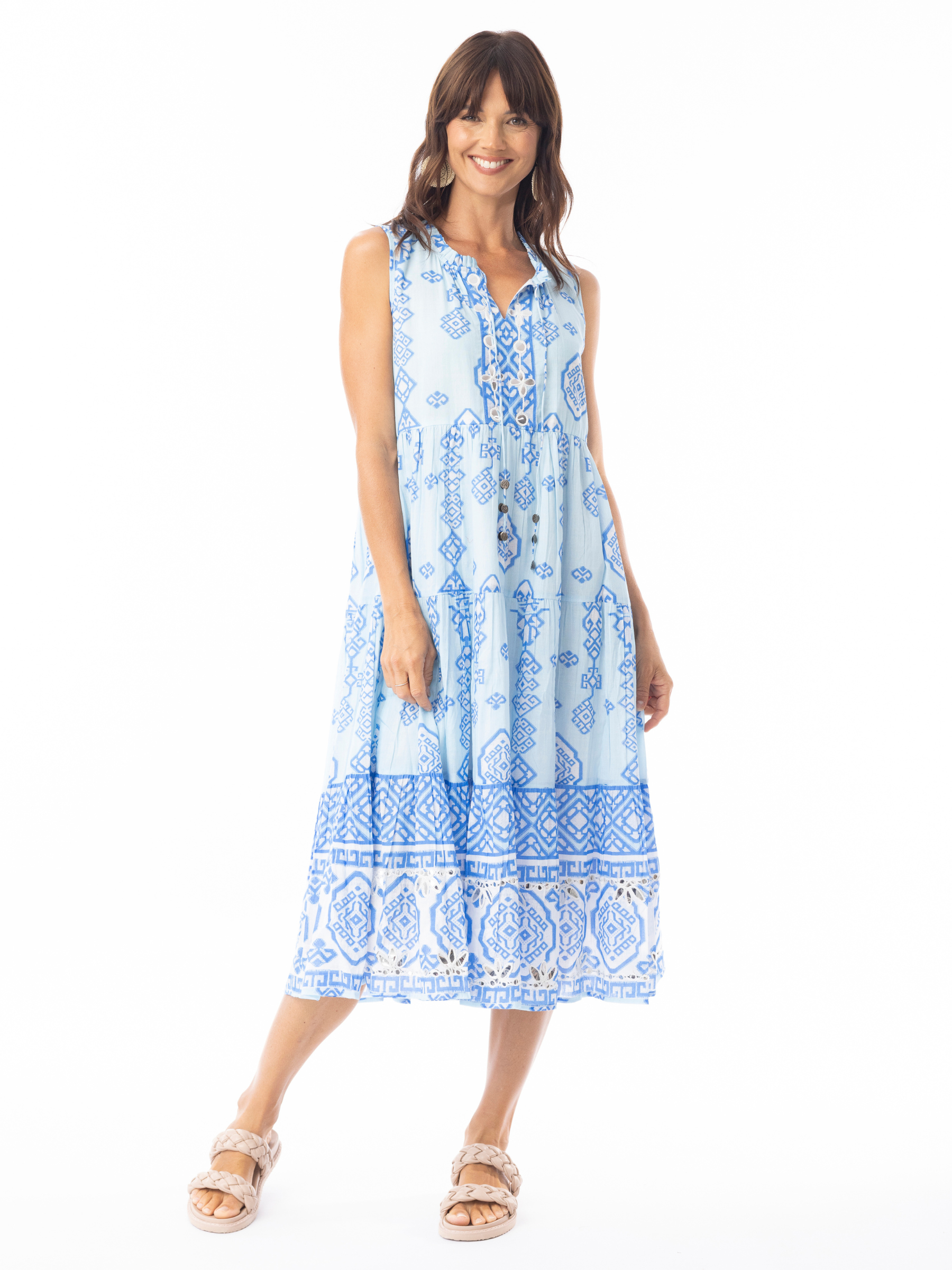 Escape 40141 Carla Dress sleeveless tiered A-line dress with notch V-neckline, button and tassel detail, and mid-calf length in printed design.