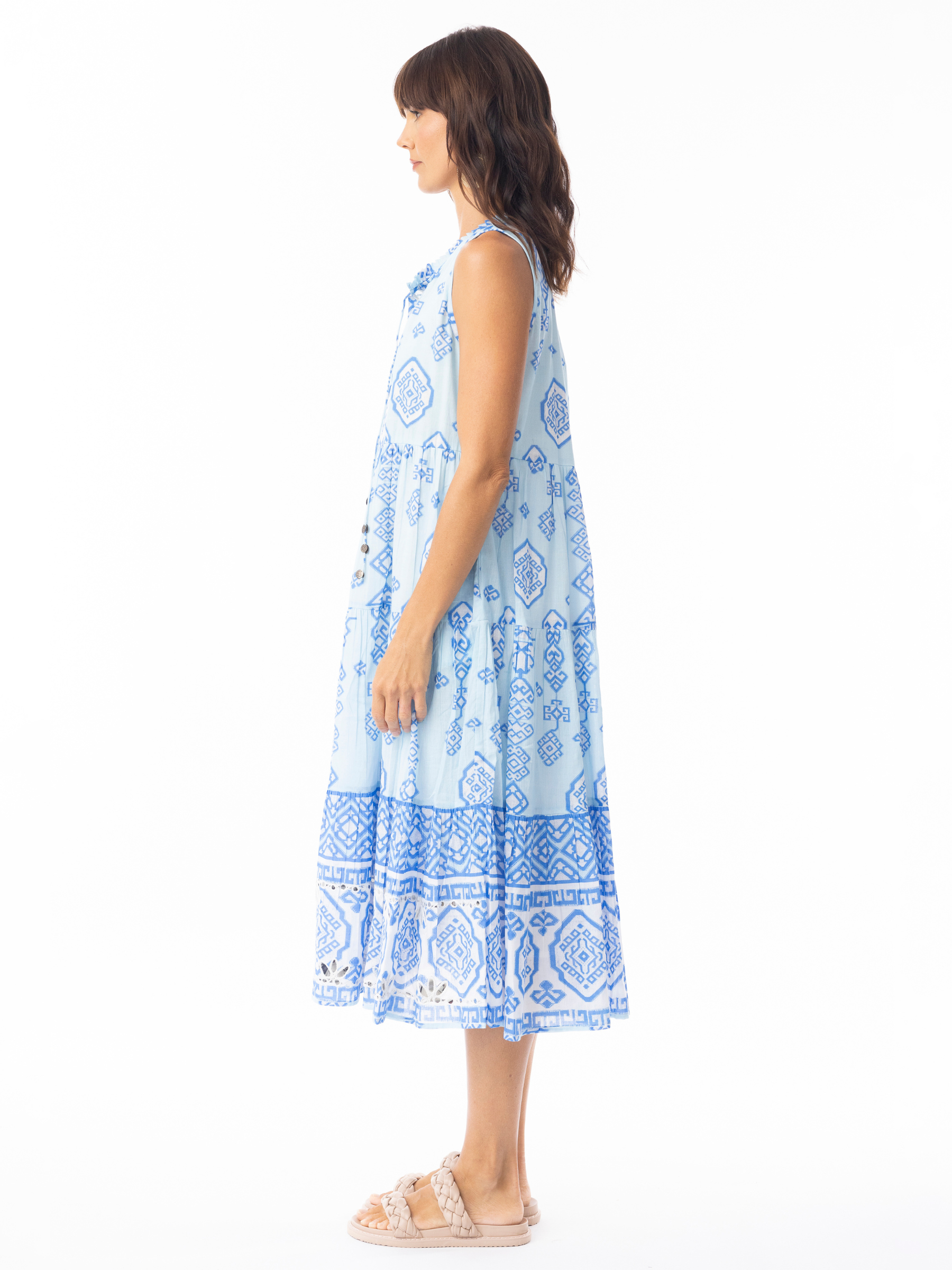 Escape 40141 Carla Dress sleeveless tiered A-line dress with notch V-neckline, button and tassel detail, and mid-calf length in printed design.