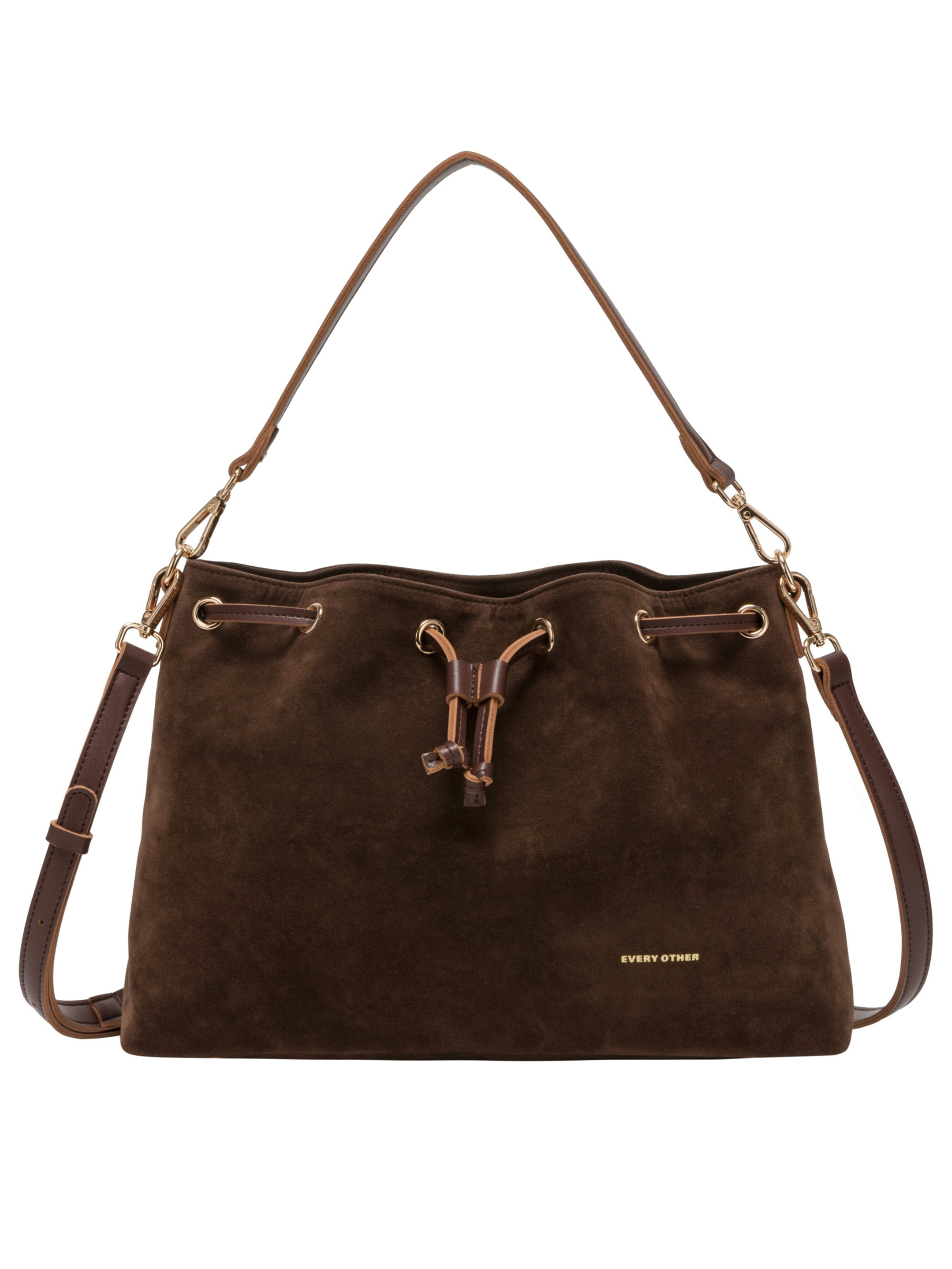 Every Other 12195 Suede Effect Draw Top Bag with draw top fastening, shoulder strap and gold-tone hardware