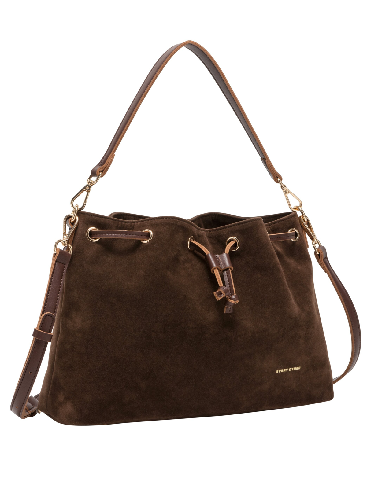 Every Other 12195 Suede Effect Draw Top Bag with draw top fastening, shoulder strap and gold-tone hardware