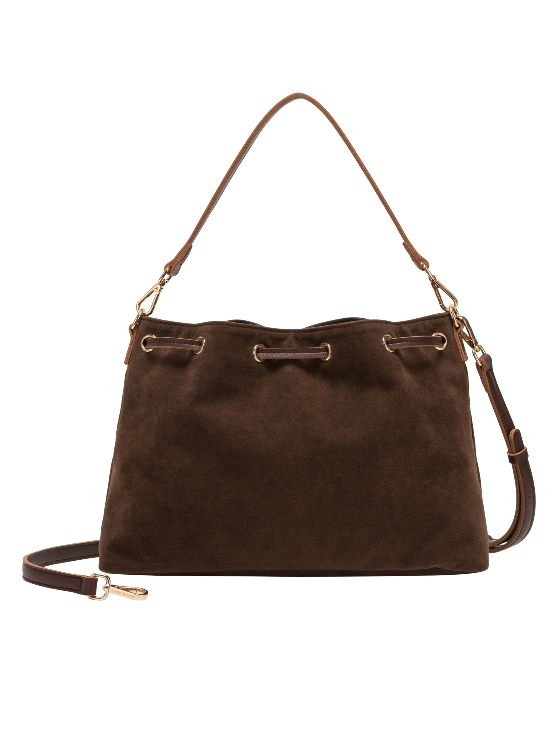 Every Other 12195 Suede Effect Draw Top Bag with draw top fastening, shoulder strap and gold-tone hardware