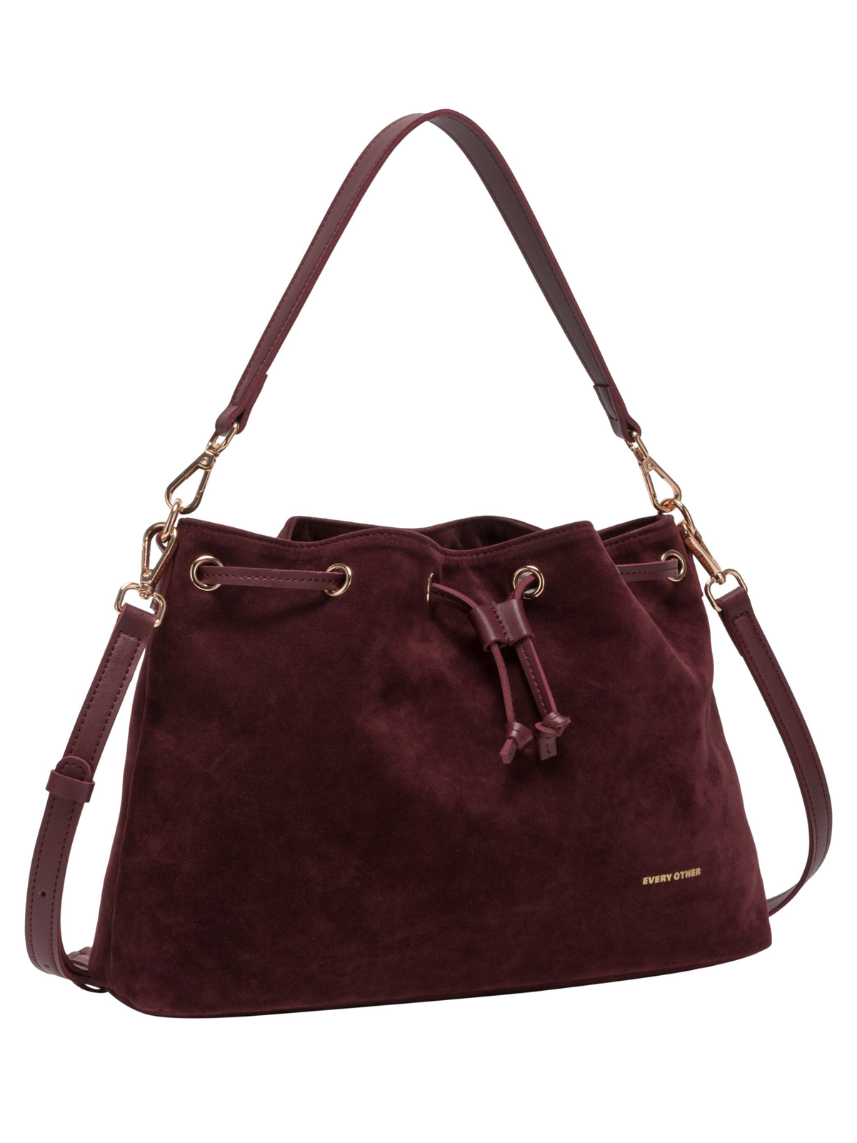 Every Other 12195 Suede Effect Draw Top Bag with draw top fastening, shoulder strap and gold-tone hardware