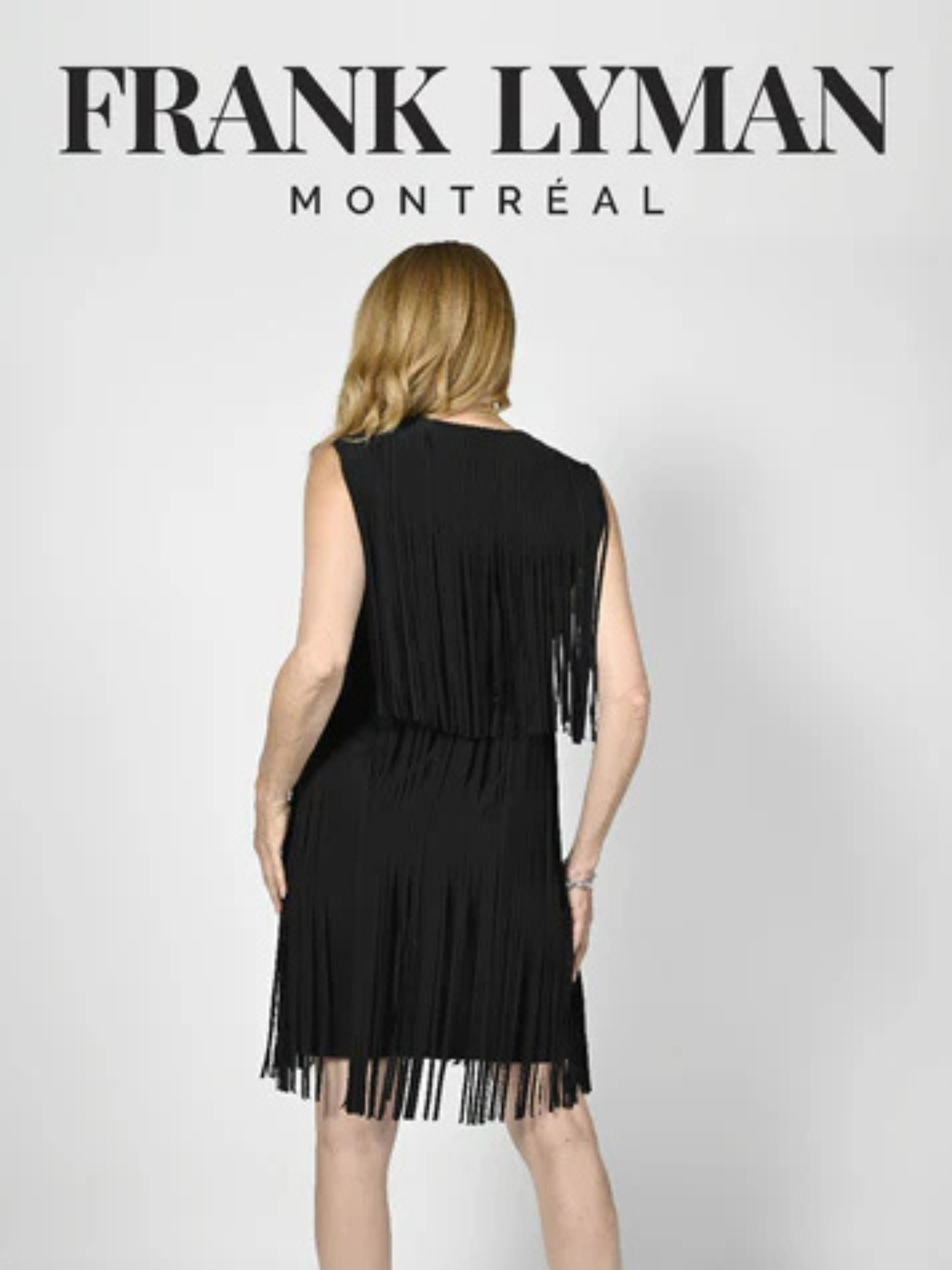 Frank Lyman 236672U Black Tassel Dress – elegant women’s sleeveless tassel dress with layered fringe detailing. Perfect for parties, evening occasions, and statement styling.