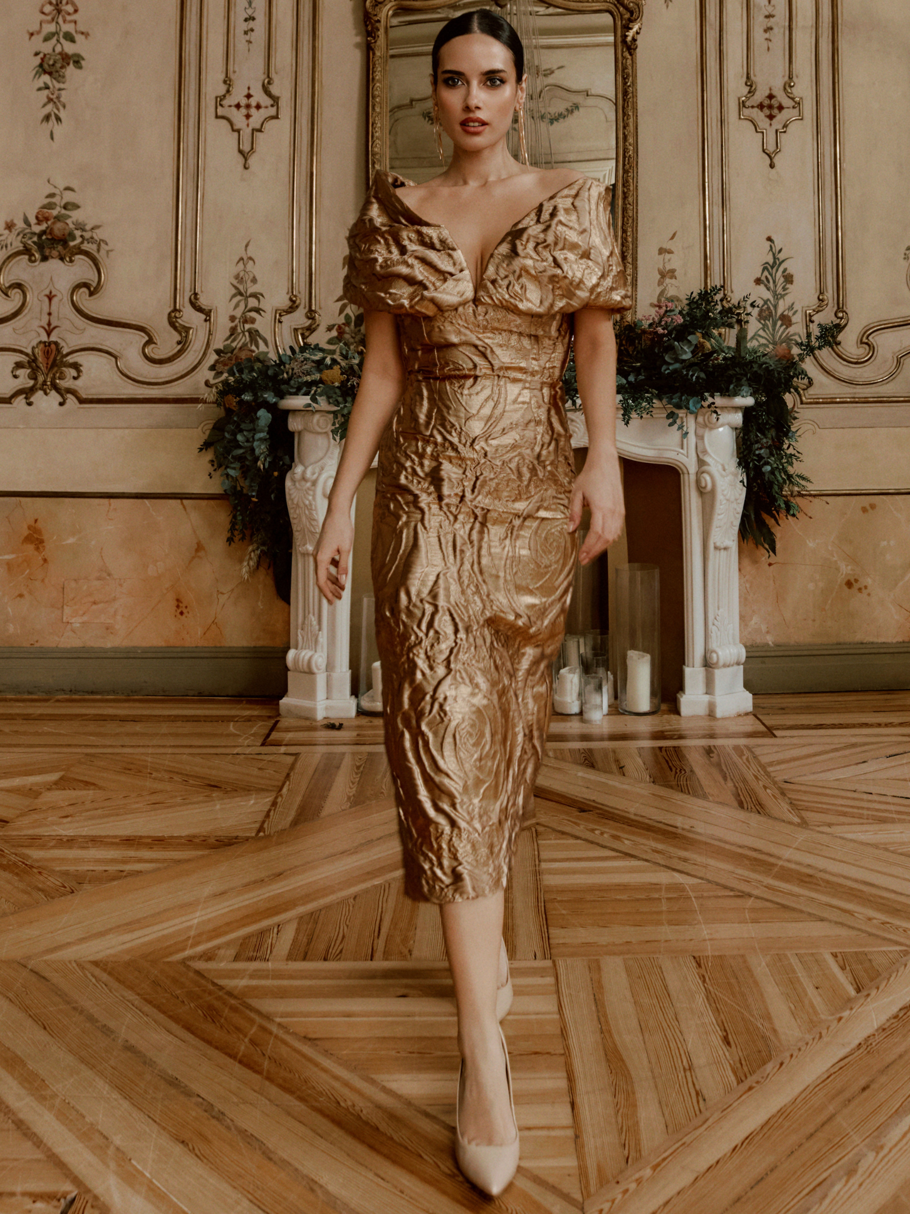 Gabriela Sanchez 26013 Unico Dress with textured fabric, folded V-front neckline, short sleeves and fitted midi shape