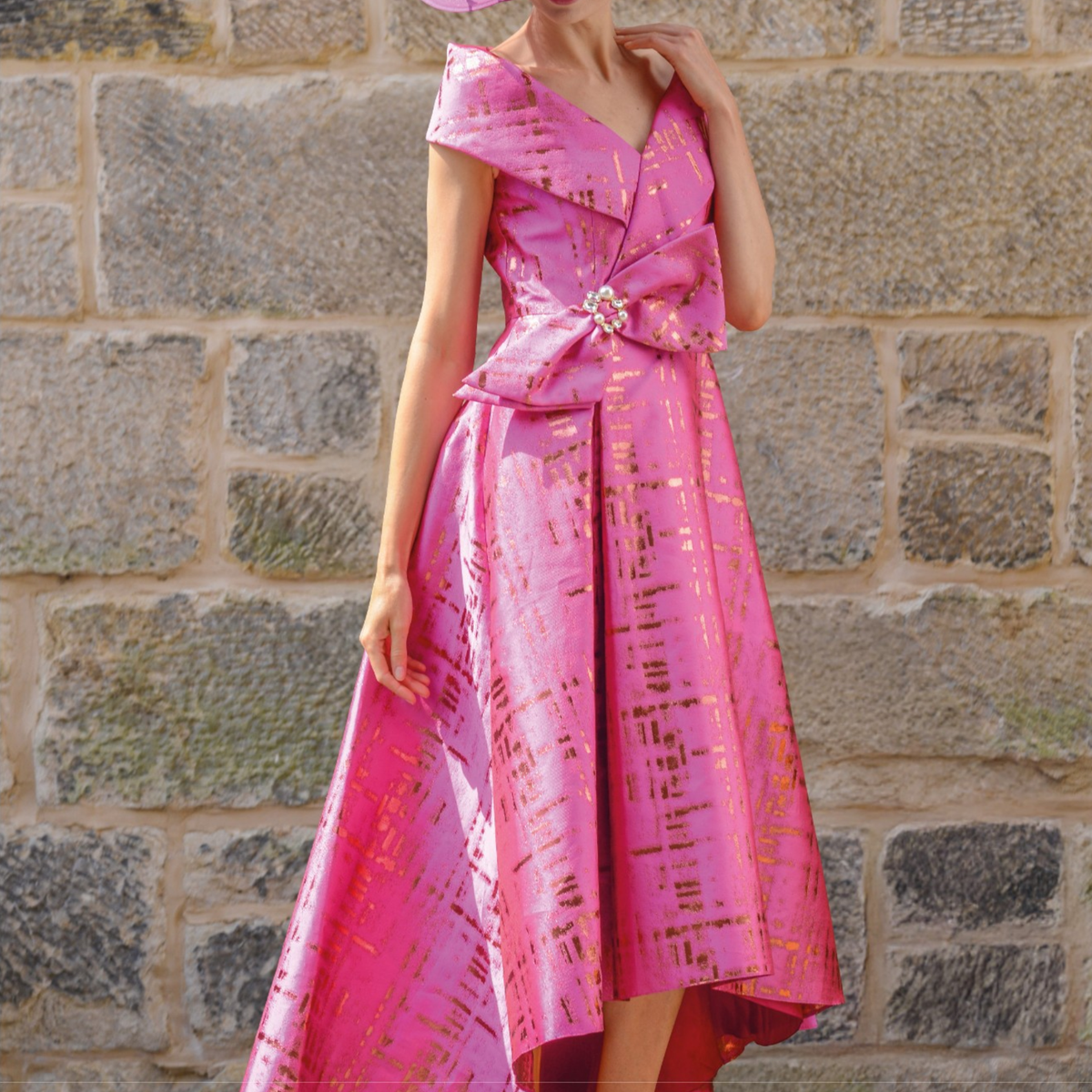 gabriela sanchez pink dress Gabriela Sanchez Dipped Hem Dress Fuchsia/Gold 5553 Bentleys Banchory