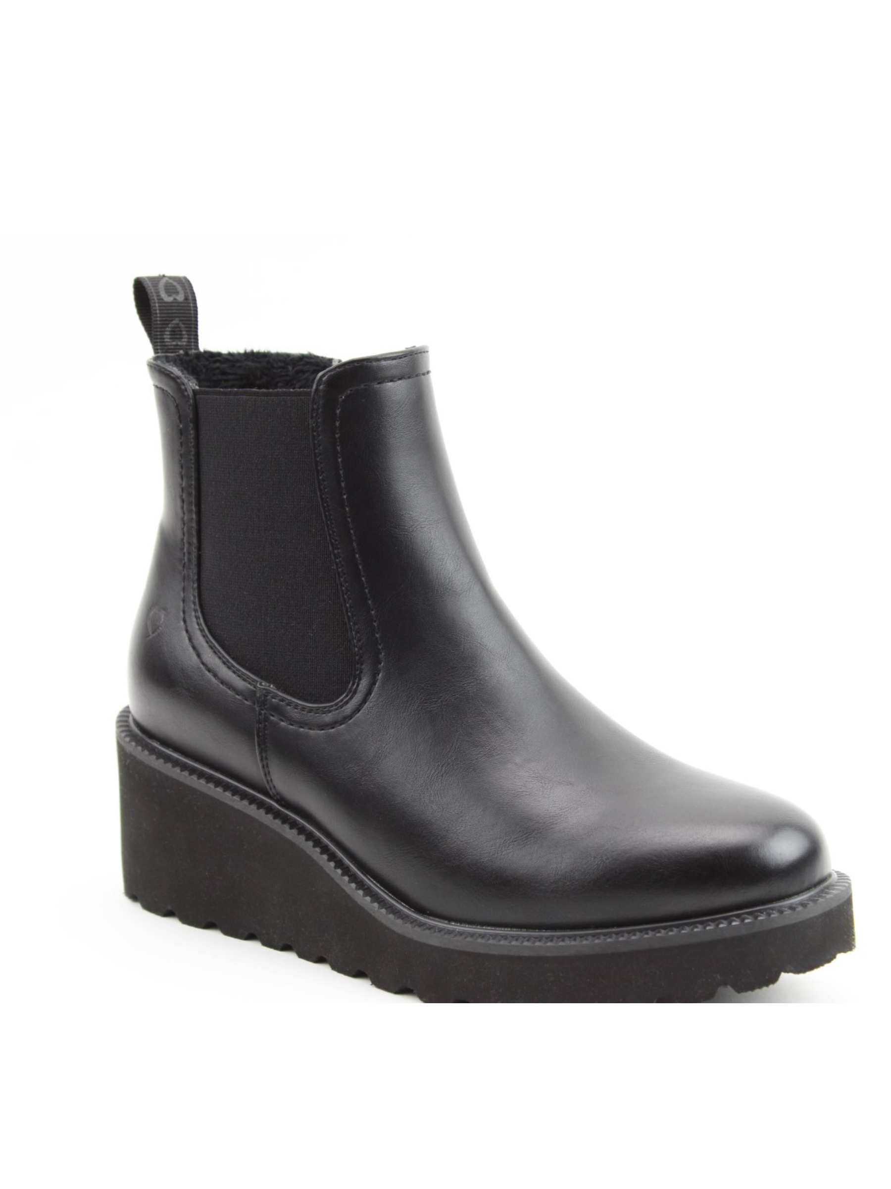 Heavenly Feet Clematis Black Chelsea boots with wedge sole, faux leather upper, elastic side panels and cushioned lining – stylish vegan-friendly ankle boots.