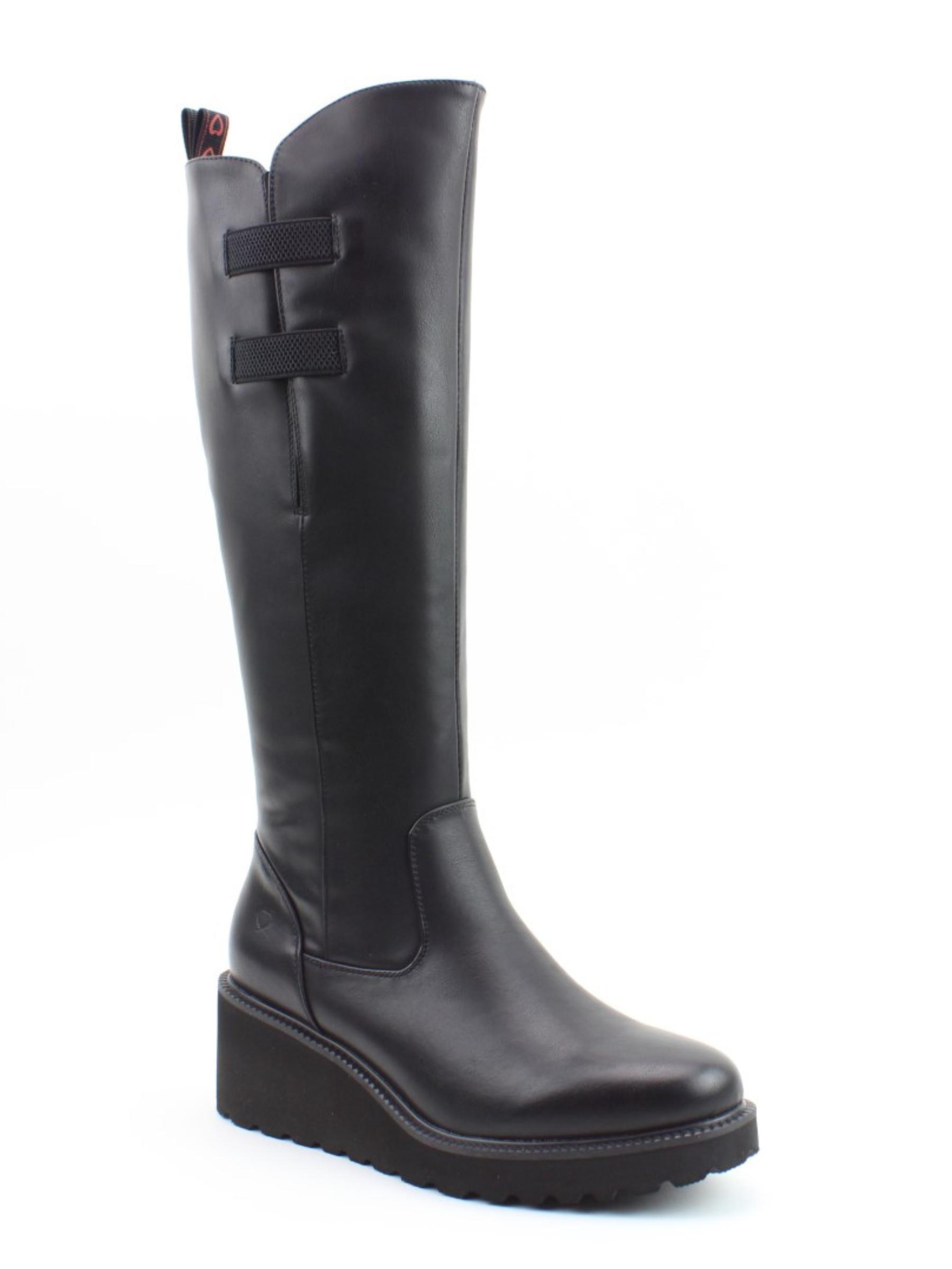 Heavenly Feet Foxtail Black knee-high wedge boots with faux leather finish, elasticated back panel, side zip and rugged sole - stylish women’s winter boots.