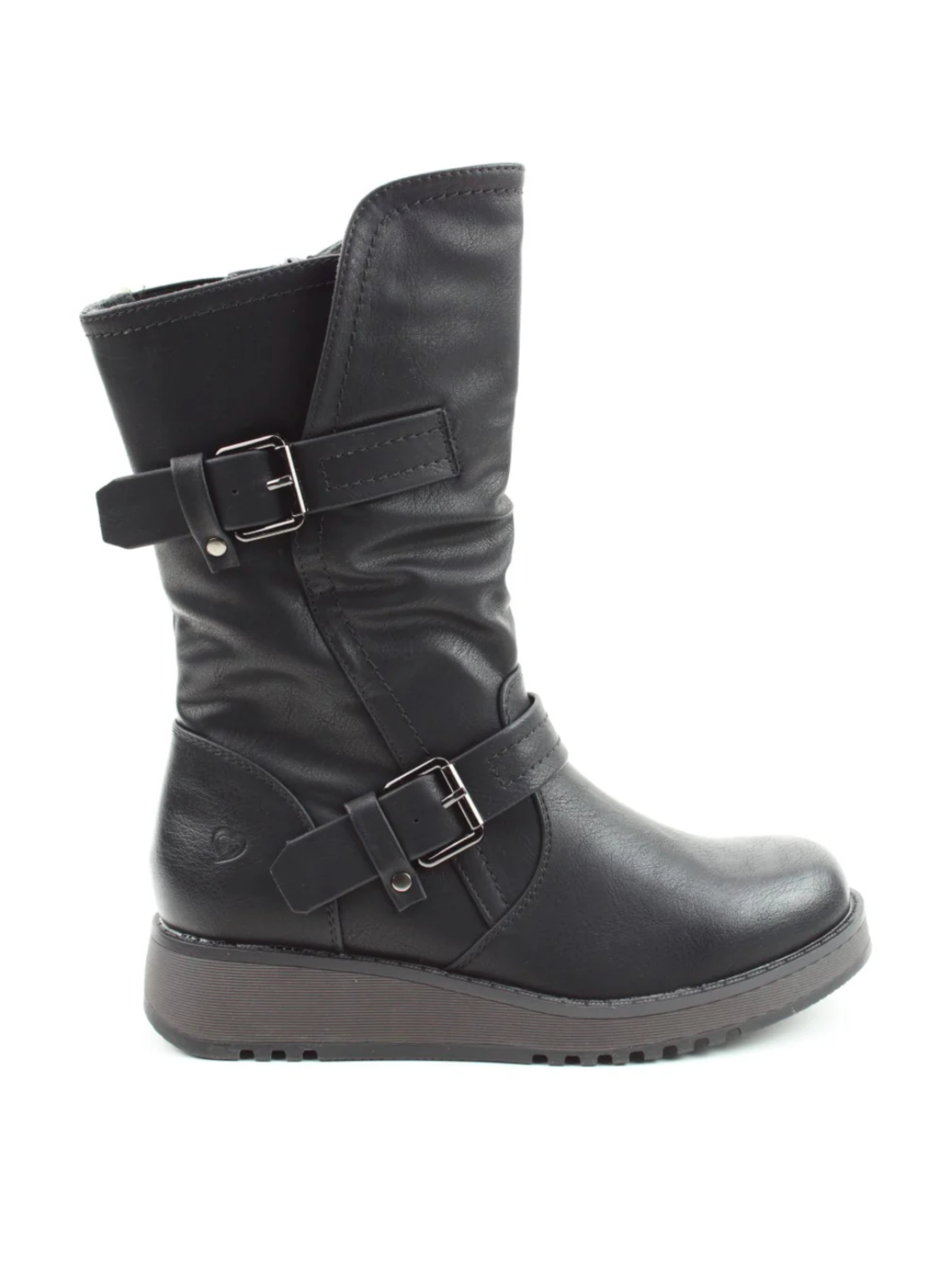 Heavenly Feet Hannah4 black vegan-friendly mid-calf boots with faux leather upper, twin buckle straps, side zip, memory foam footbed and wedge sole.