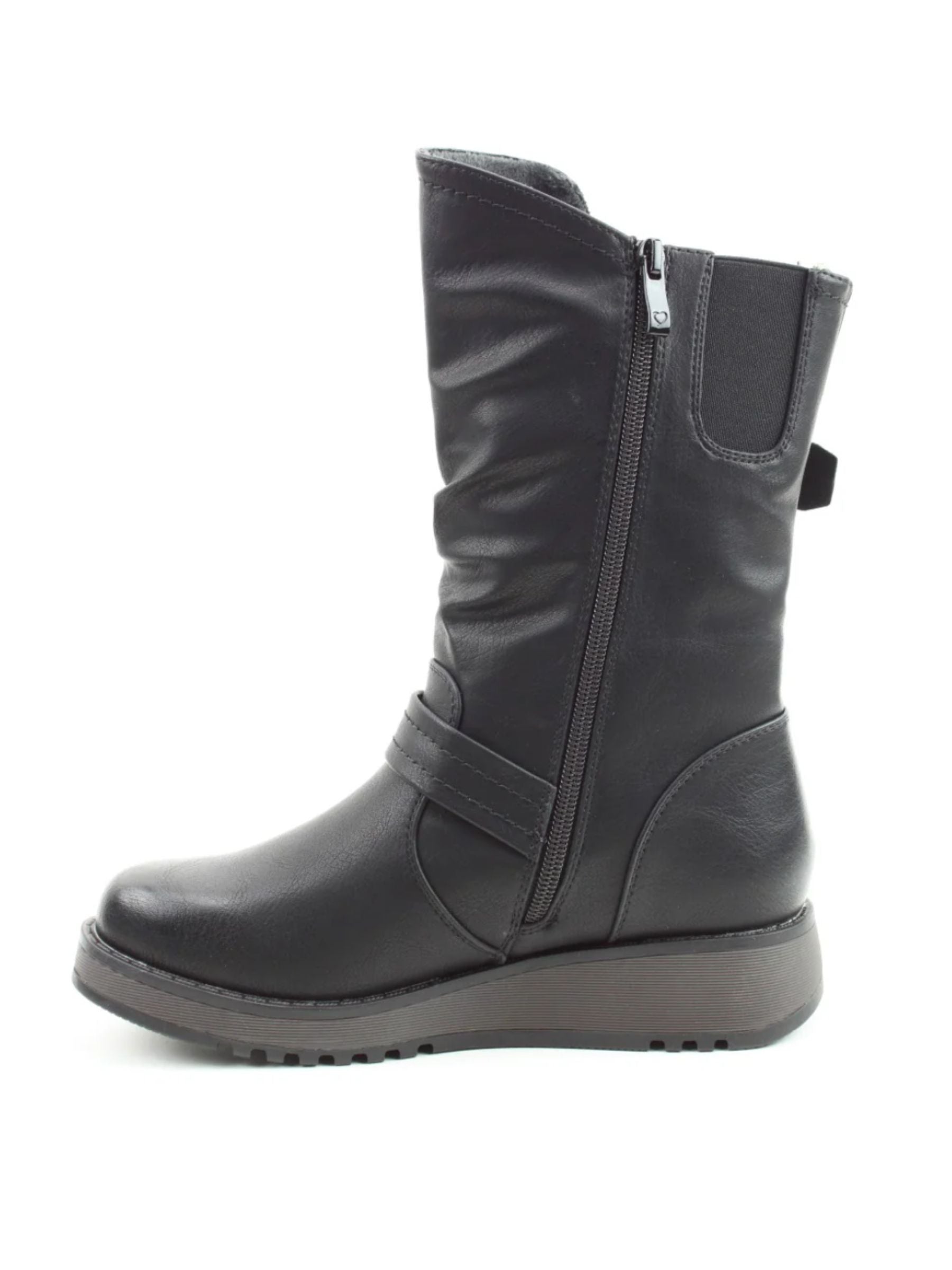 Heavenly Feet Hannah4 black vegan-friendly mid-calf boots with faux leather upper, twin buckle straps, side zip, memory foam footbed and wedge sole.