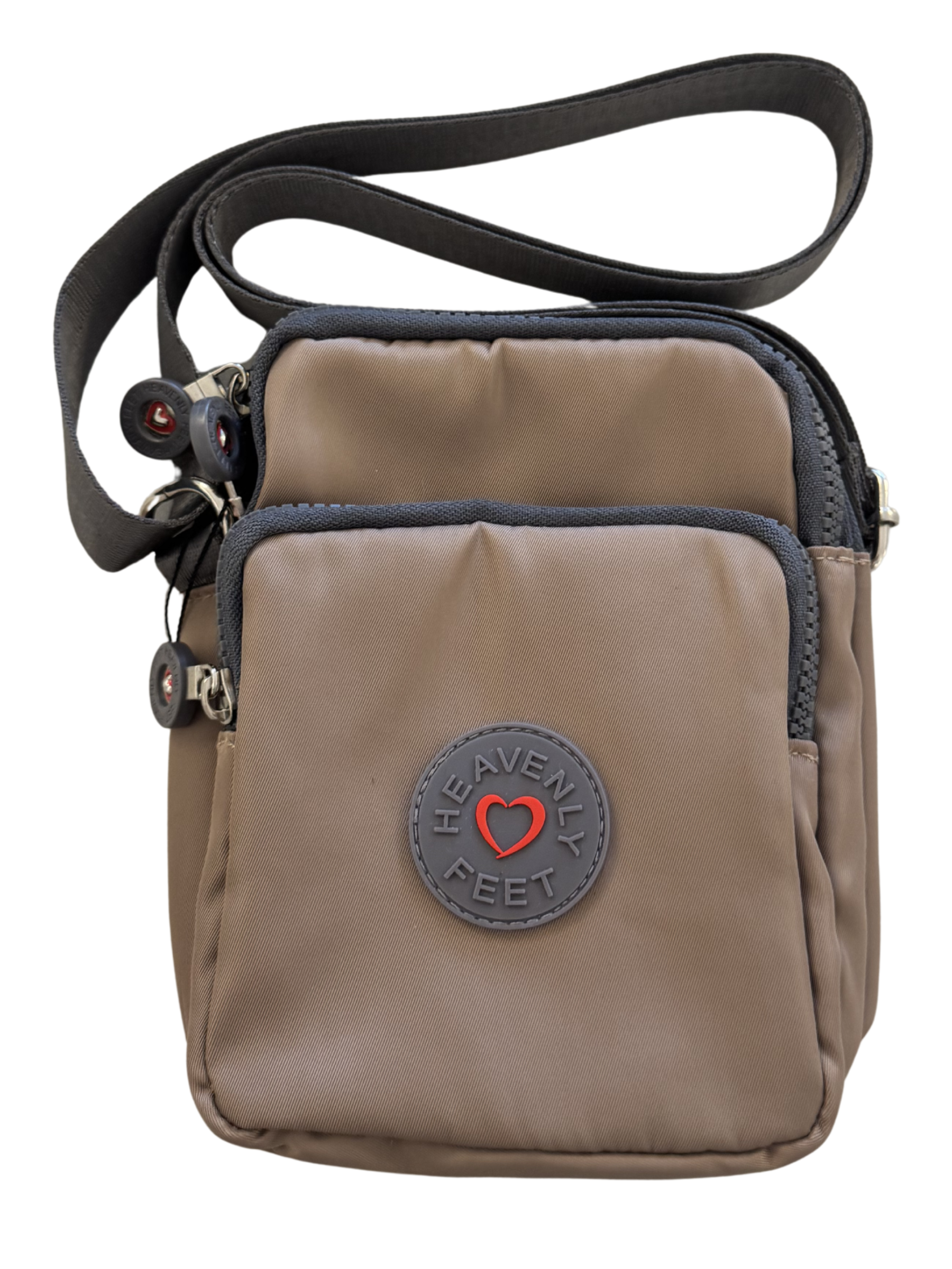 Heavenly Feet Beacon Handbag compact crossbody with multiple zip compartments and adjustable strap.