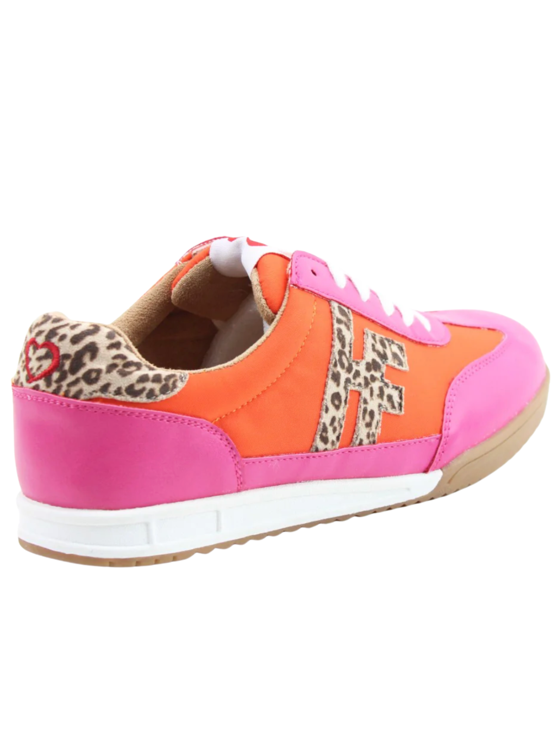 Heavenly Feet Bevan Fuchsia / Orange Trainers with leopard print detail and lace-up front.