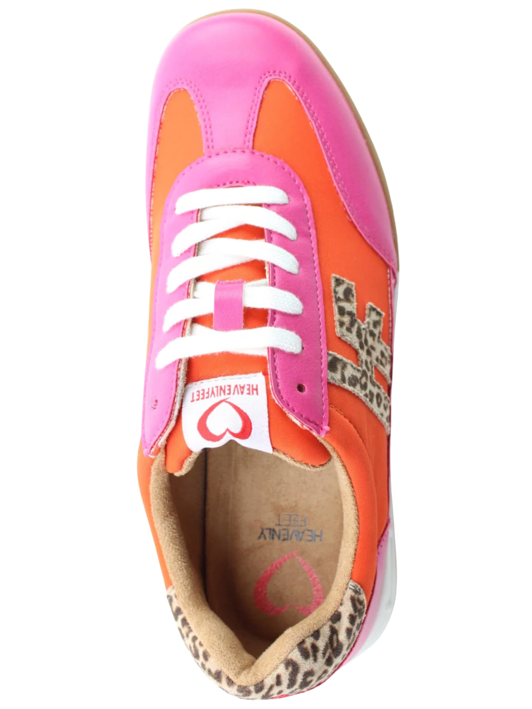 Heavenly Feet Bevan Fuchsia / Orange Trainers with leopard print detail and lace-up front.