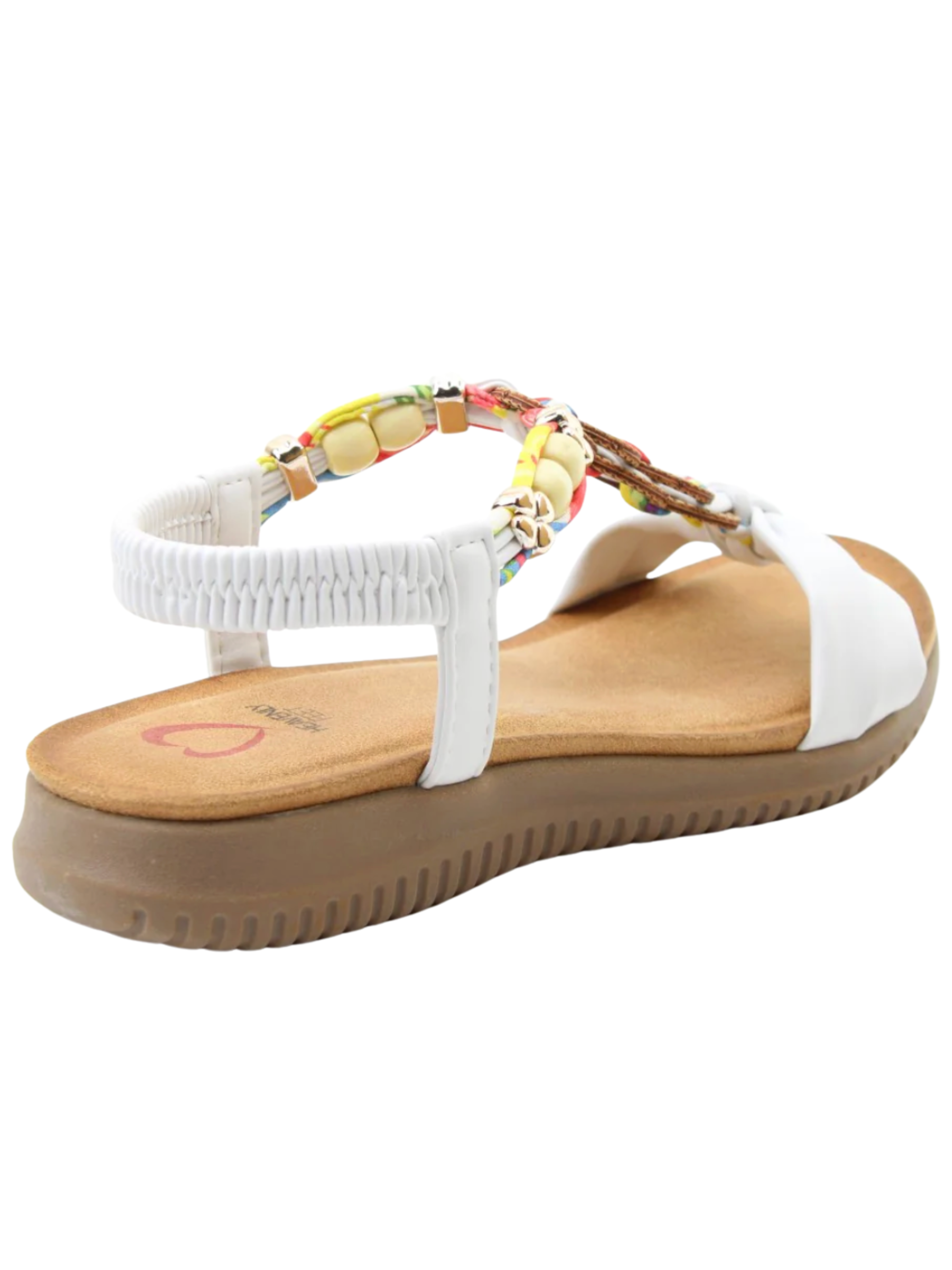 Heavenly Feet Bright White Sandals with woven and beaded T-bar design and elasticated back strap.