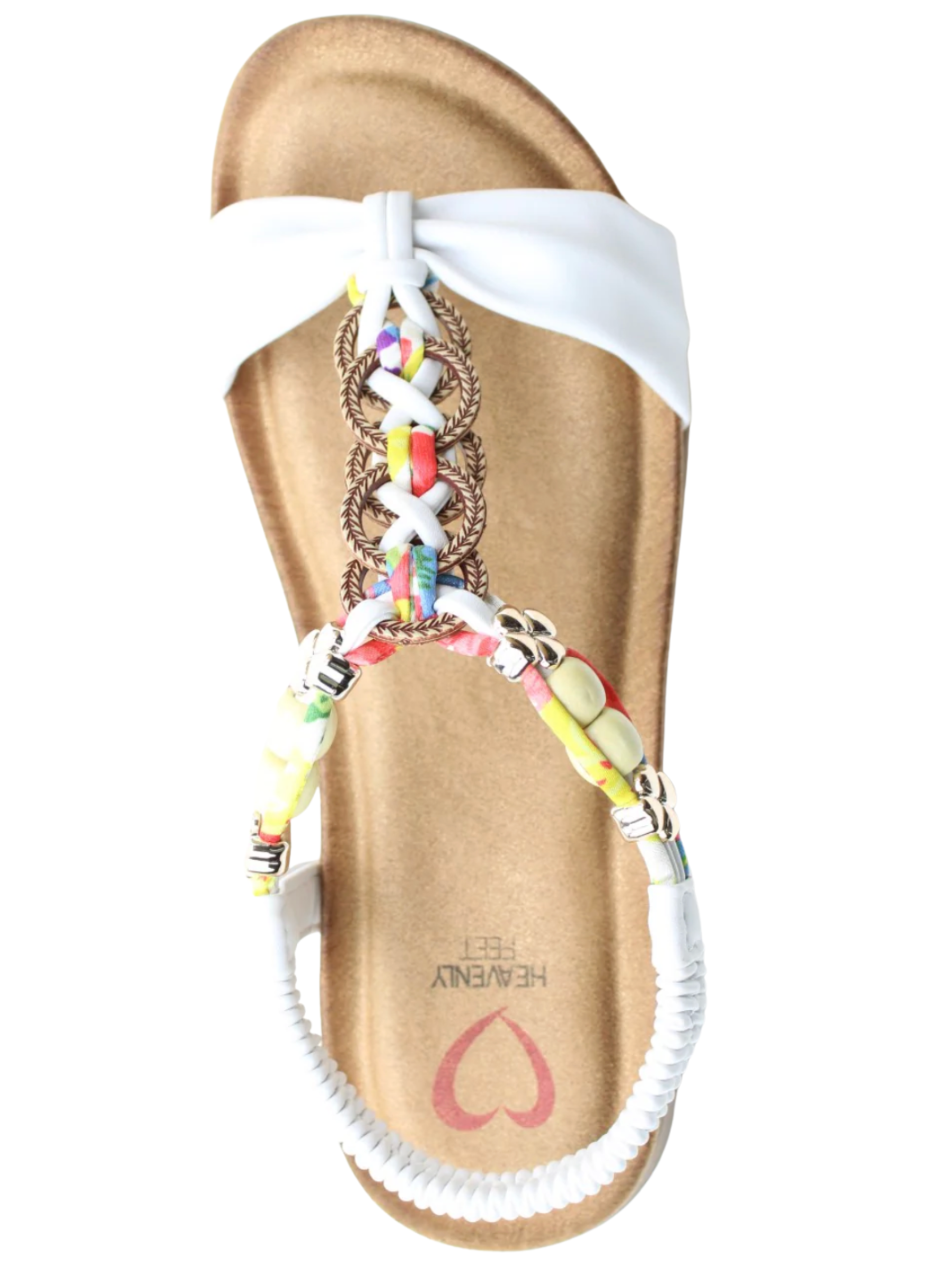 Heavenly Feet Bright White Sandals with woven and beaded T-bar design and elasticated back strap.