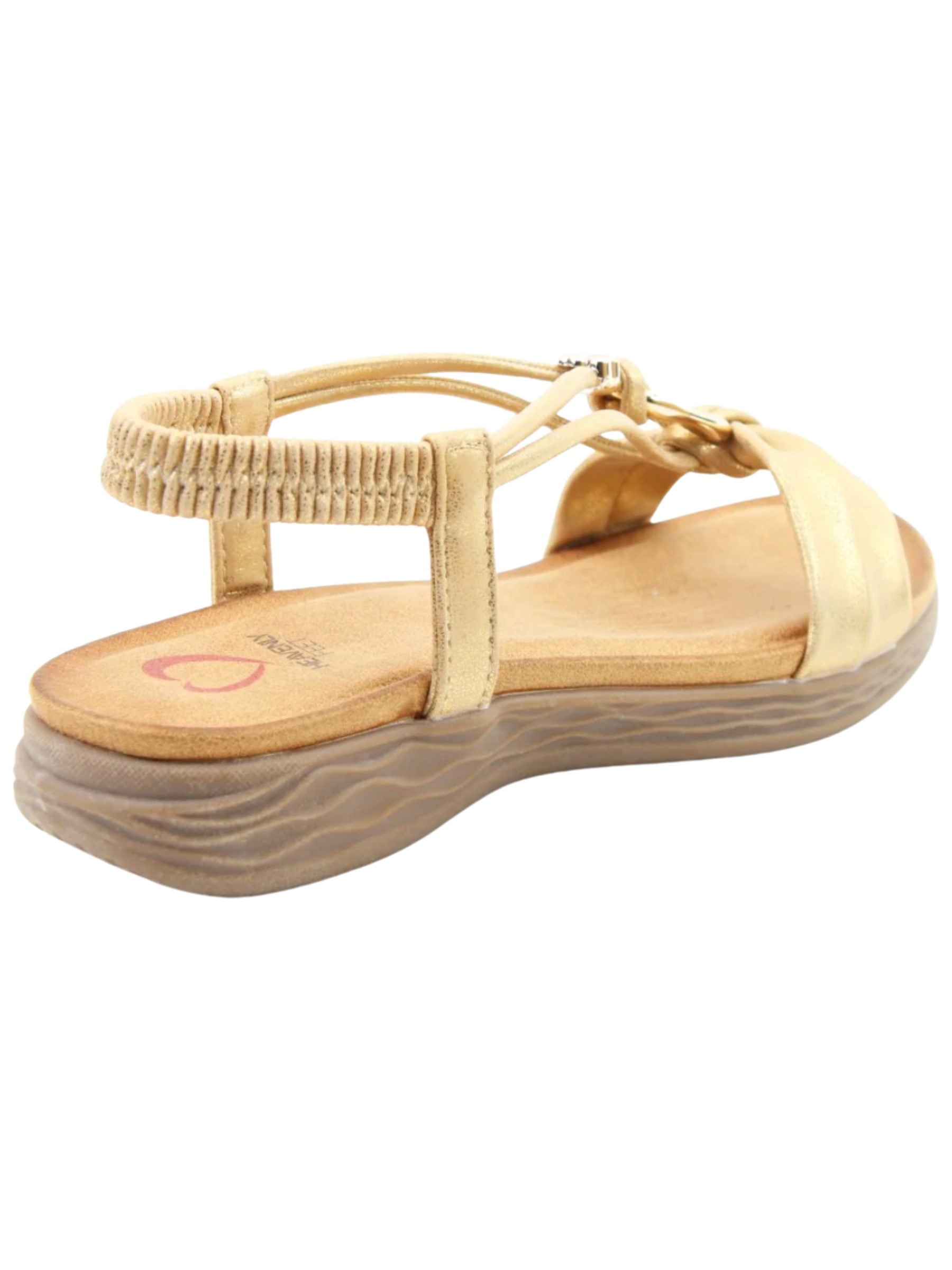 Heavenly Feet Chime Gold Sandals with T-bar design and decorative metal detail.