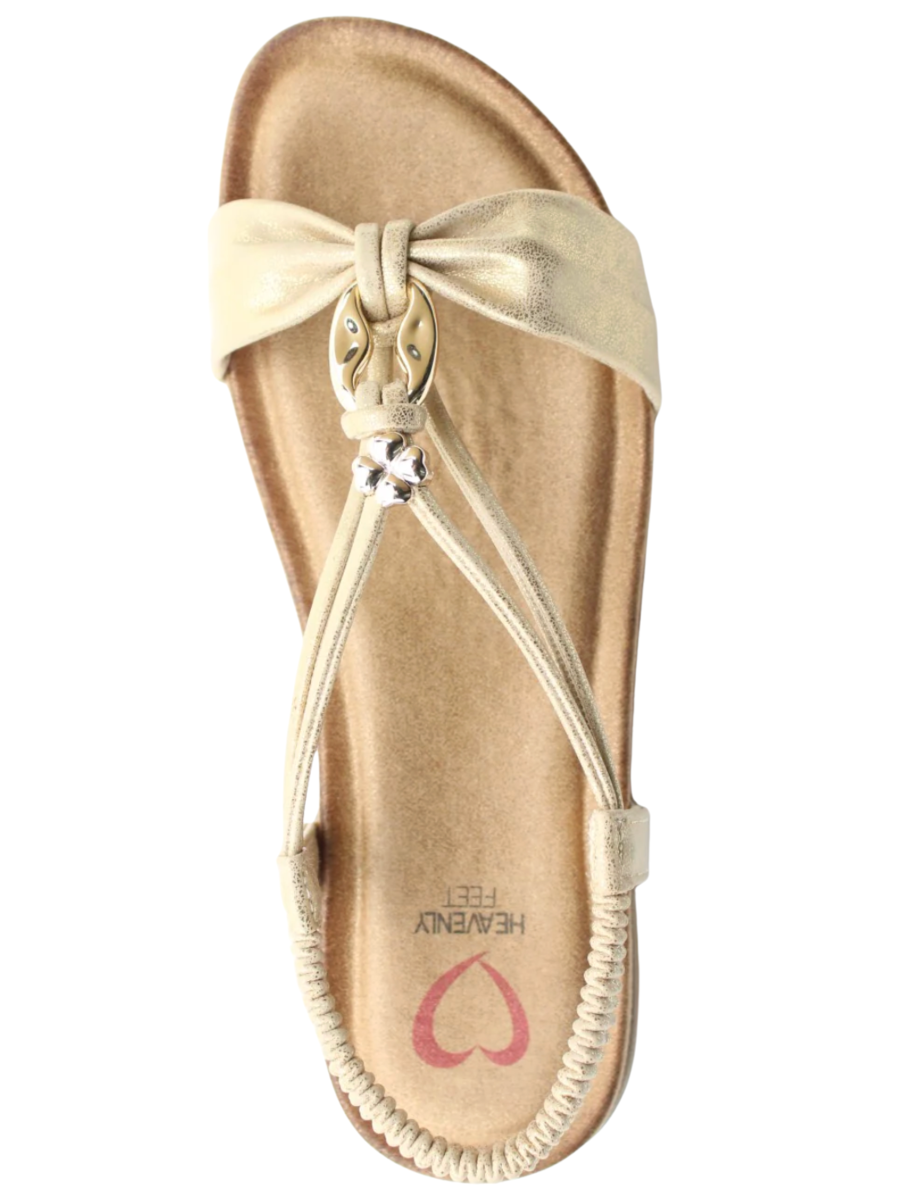 Heavenly Feet Chime Gold Sandals with T-bar design and decorative metal detail.
