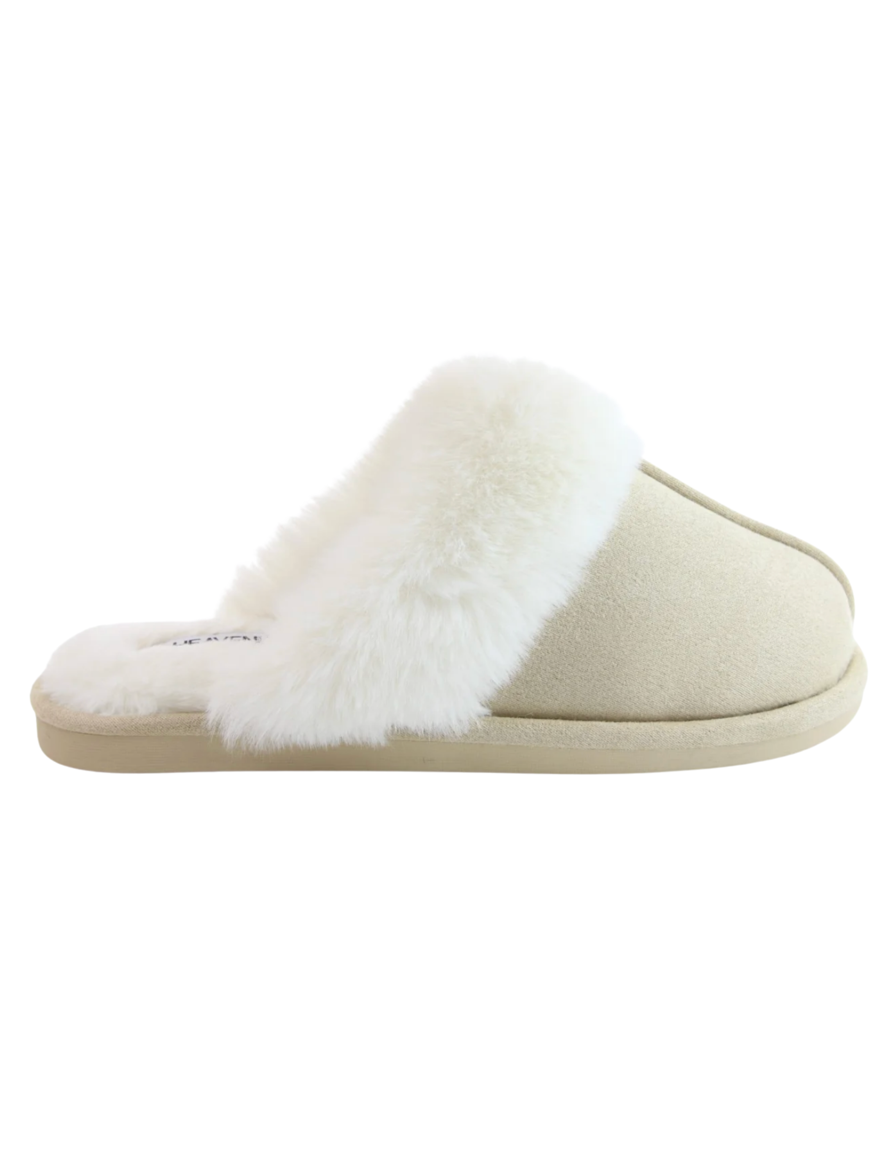 Heavenly Feet Fireside Beige Slippers with slip-on mule shape, soft textile upper and plush trim.