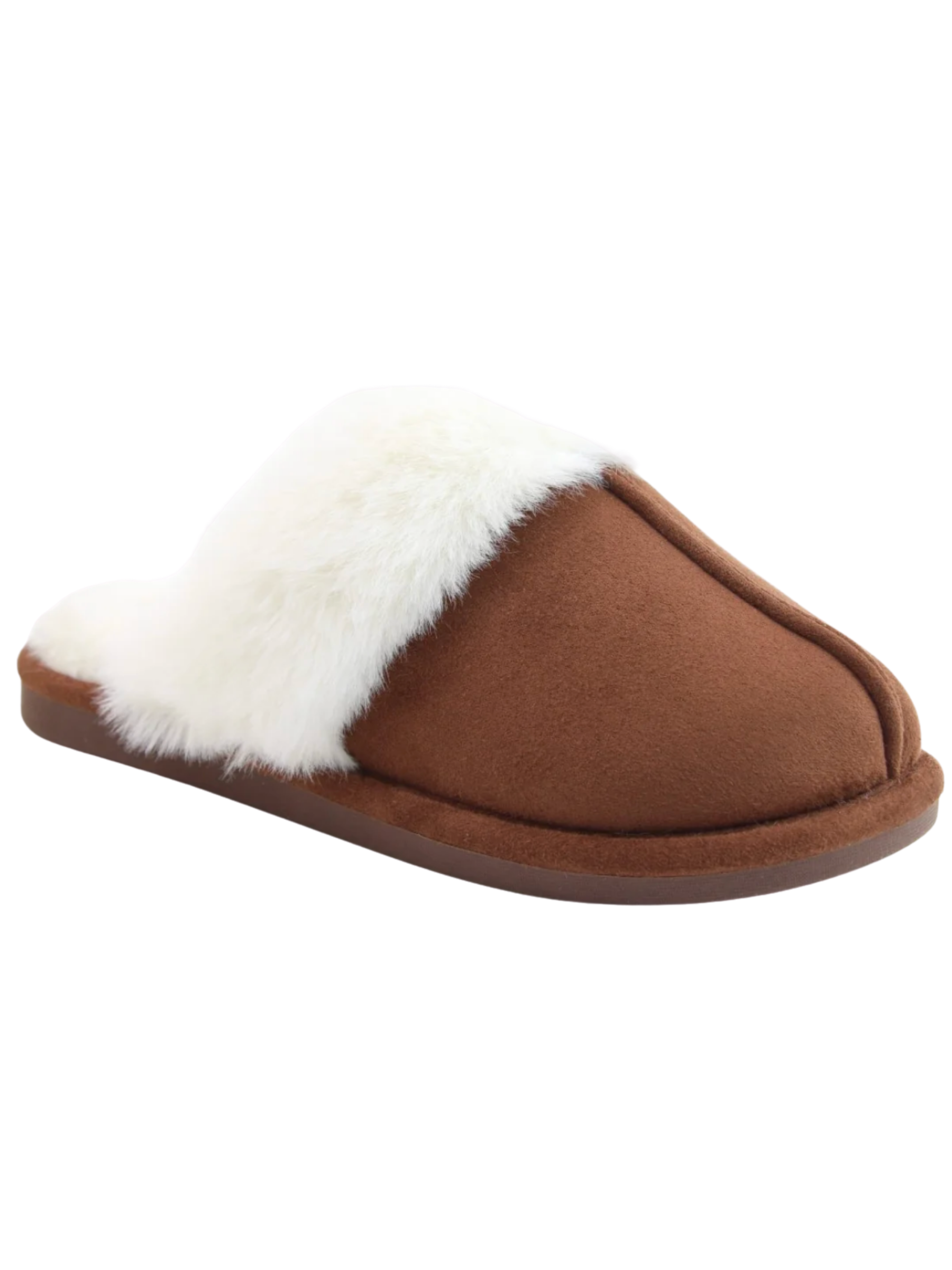 Heavenly Feet Fireside Dark Brown Slippers with slip-on mule shape, soft textile upper and plush trim.