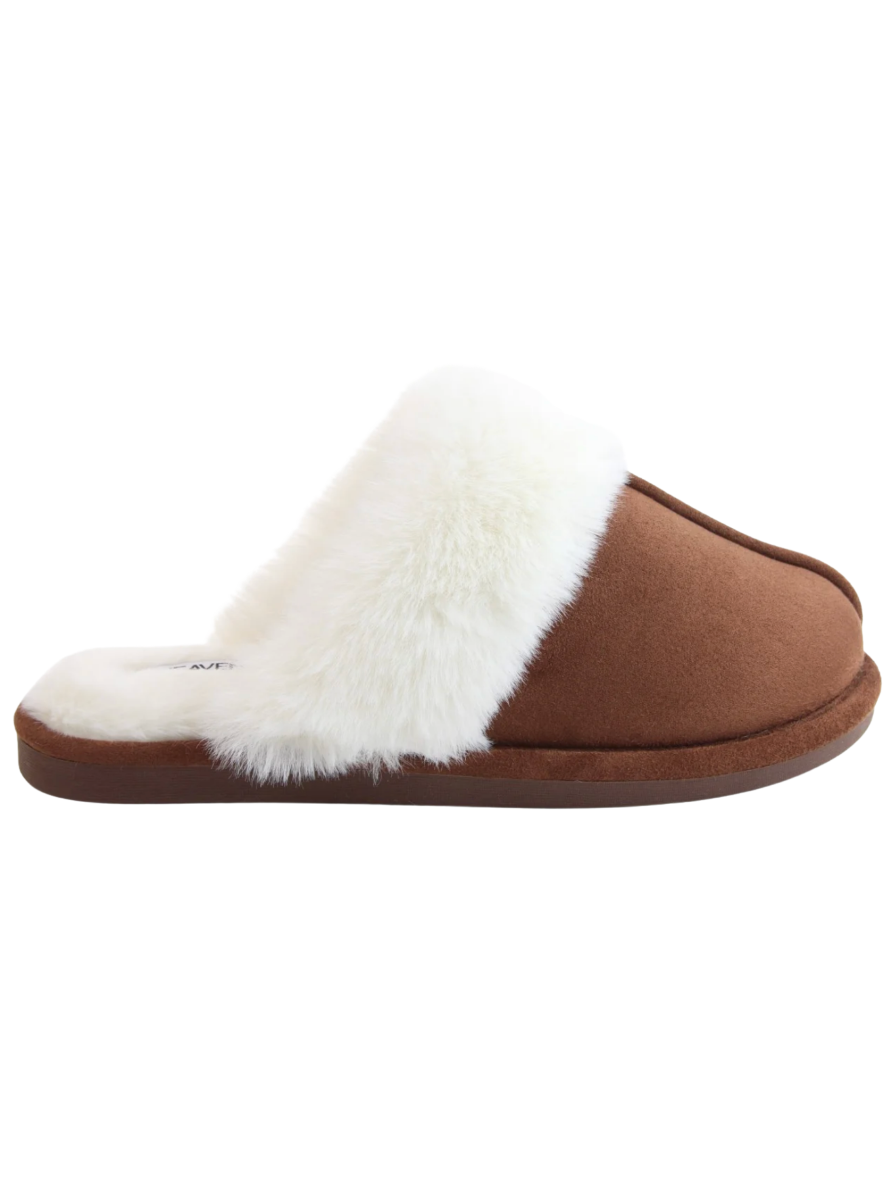 Heavenly Feet Fireside Dark Brown Slippers with slip-on mule shape, soft textile upper and plush trim.
