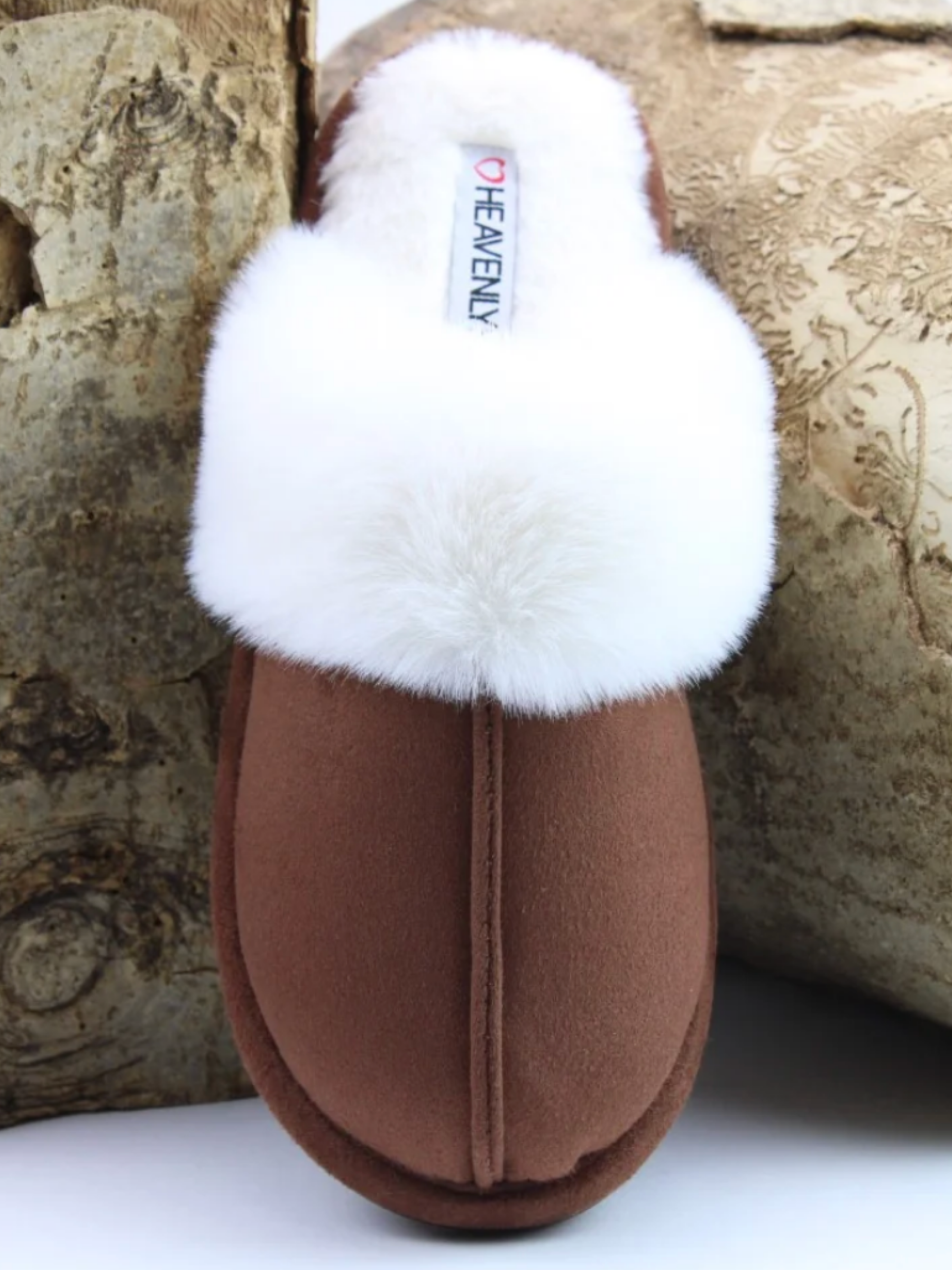 Heavenly Feet Fireside Dark Brown Slippers with slip-on mule shape, soft textile upper and plush trim.