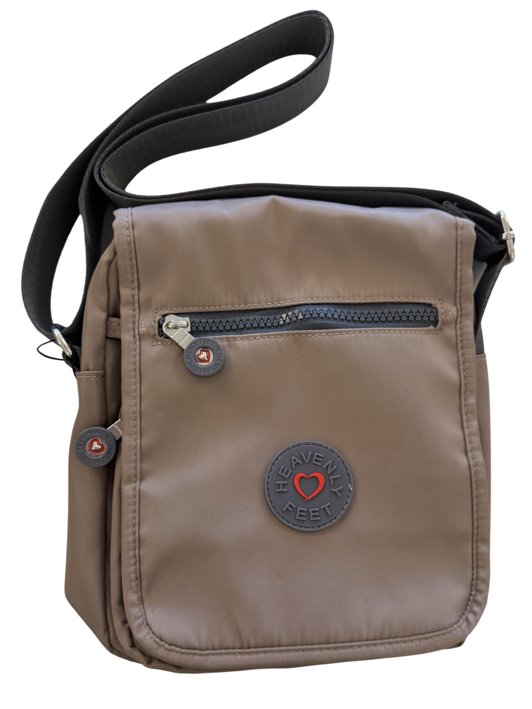 Heavenly Feet Glacier Handbag compact crossbody with structured shape and multiple zip compartments.