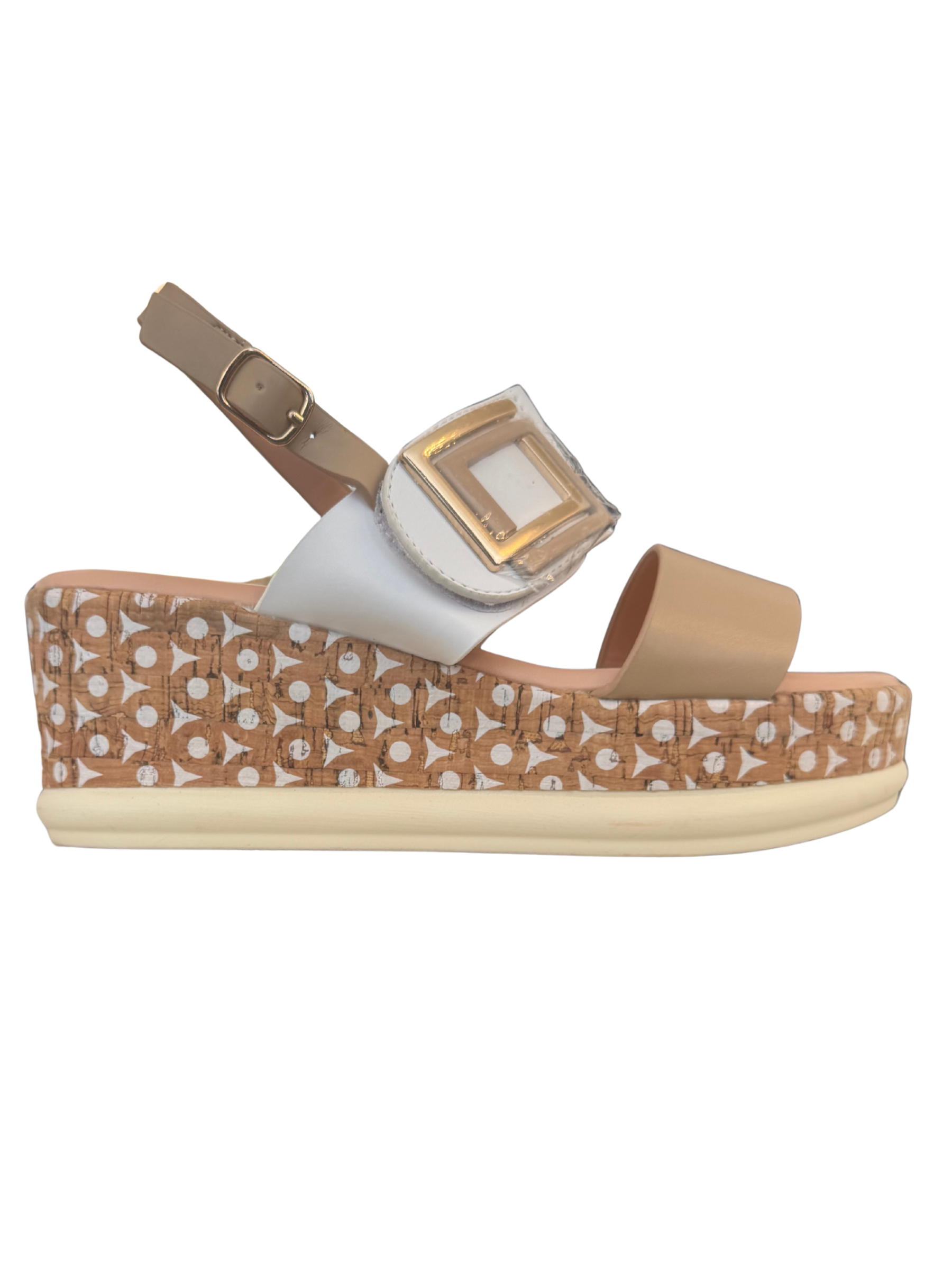 Heavenly Feet Morven sandals with wedge sole, wide straps and statement buckle detail.
