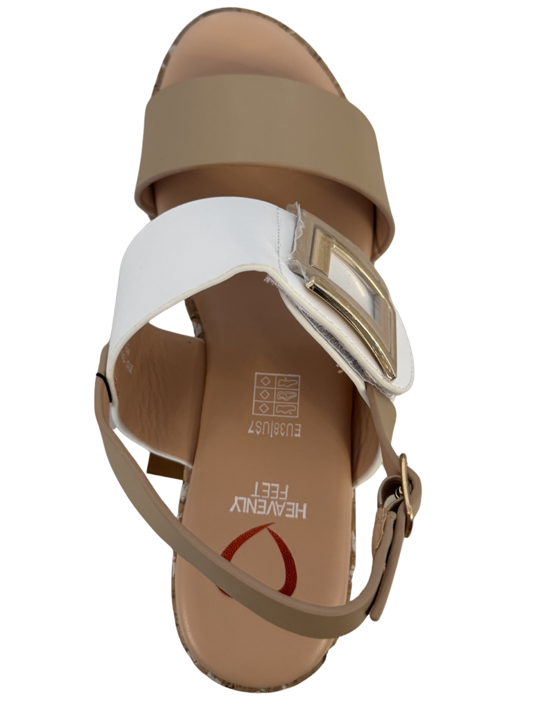 Heavenly Feet Morven sandals with wedge sole, wide straps and statement buckle detail.