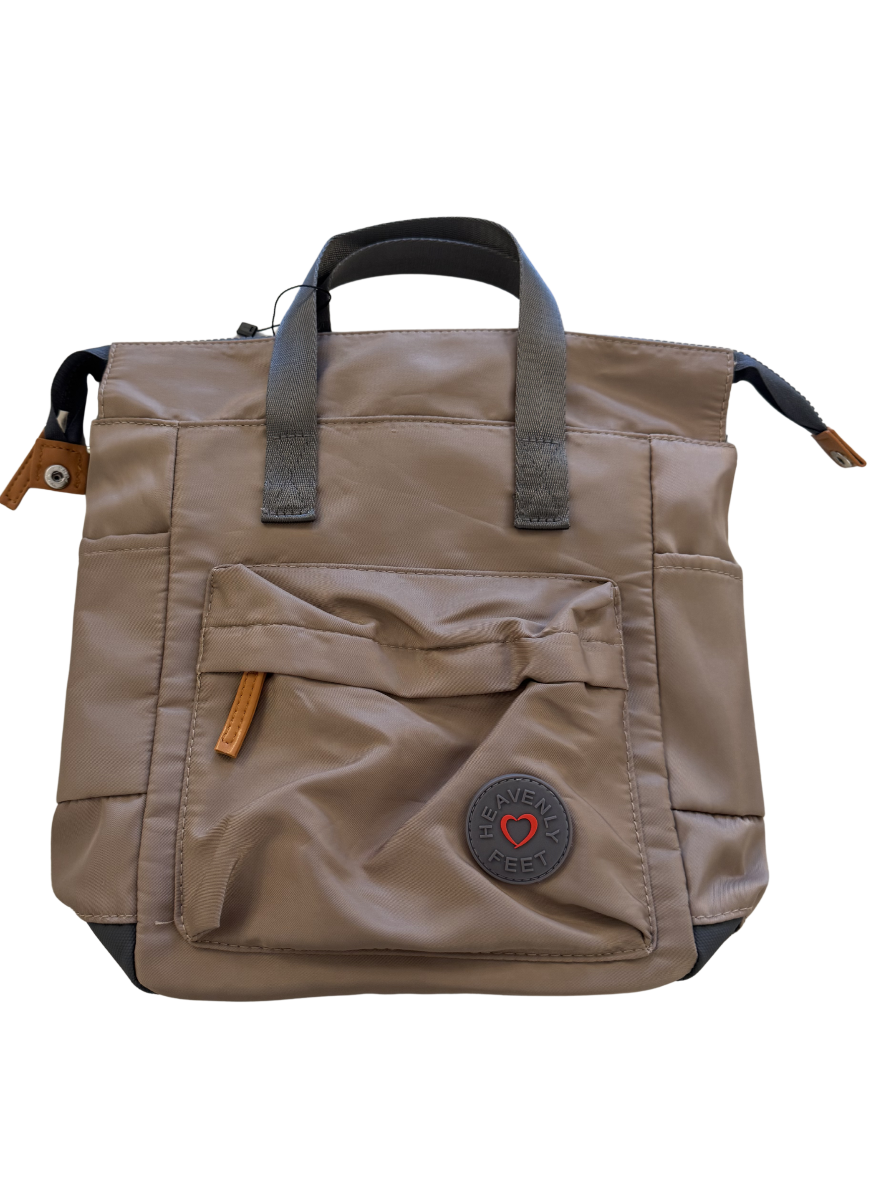 Heavenly Feet Riviera Backpack with top handles, adjustable straps and front zip pocket.